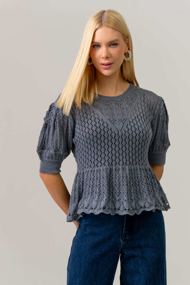 9038678 - Blusa Manga Curta Tricot Peplum AZUL