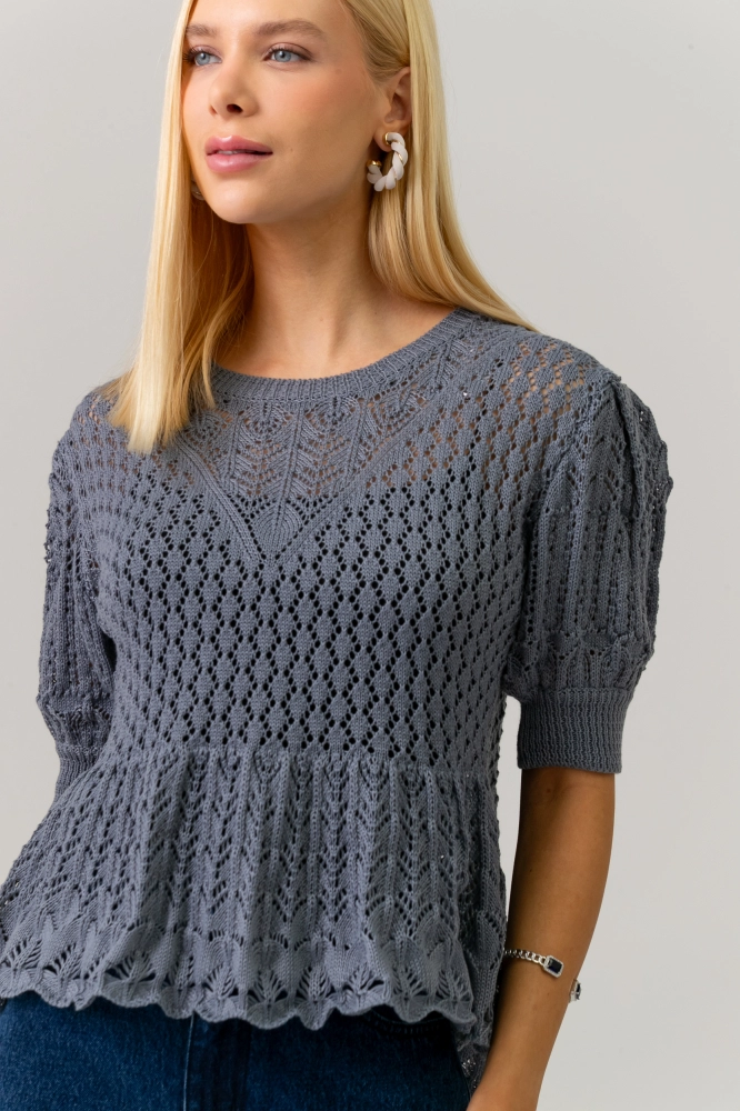 9038678 - Blusa Manga Curta Tricot Peplum AZUL 9038678 - Blusa Manga Curta Tricot Peplum AZUL - Imagem 2