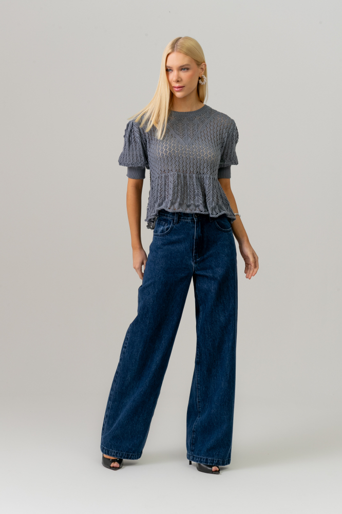 9038678 - Blusa Manga Curta Tricot Peplum AZUL