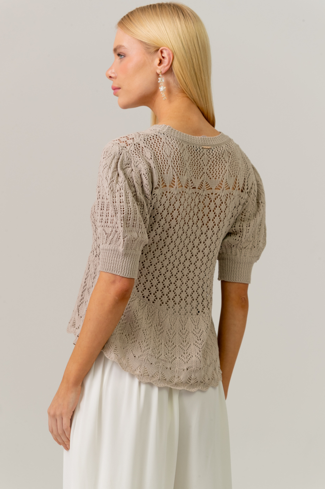 9038678 - Blusa Manga Curta Tricot Peplum BEGE