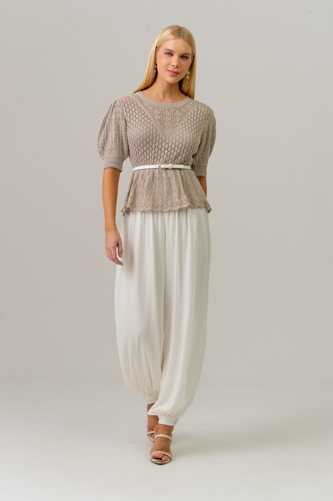 9038678 - Blusa Manga Curta Tricot Peplum BEGE