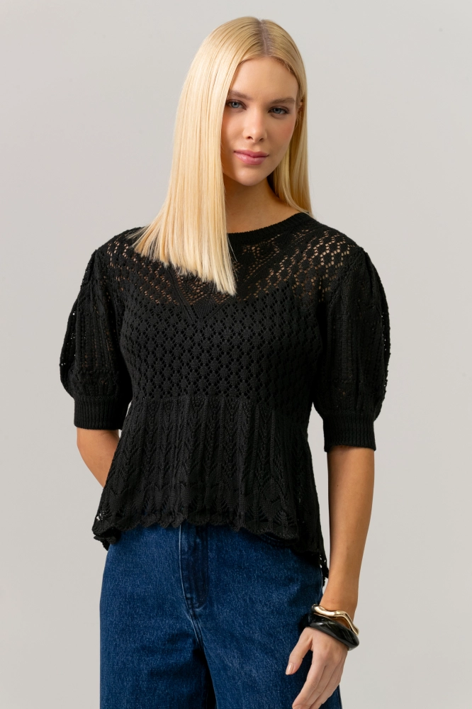 9038678 - Blusa Manga Curta Tricot Peplum PRETO 9038678 - Blusa Manga Curta Tricot Peplum PRETO - Imagem 1