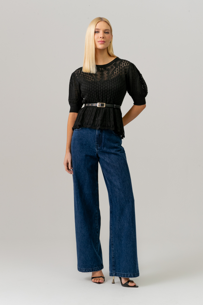 9038678 - Blusa Manga Curta Tricot Peplum PRETO
