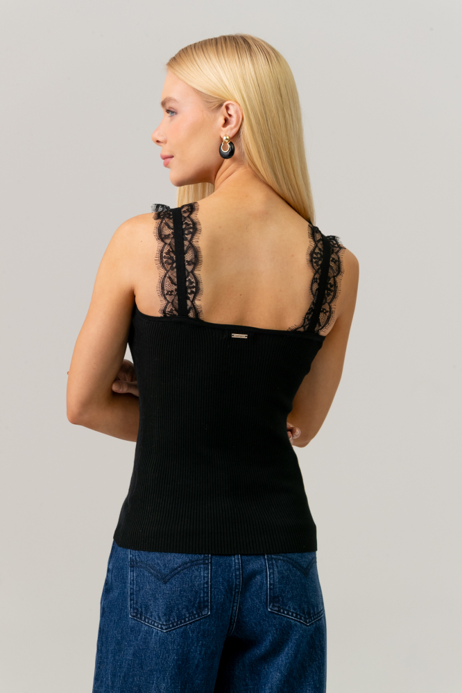 9038679 - Regata Em Tricot Alça Com Renda PRETO