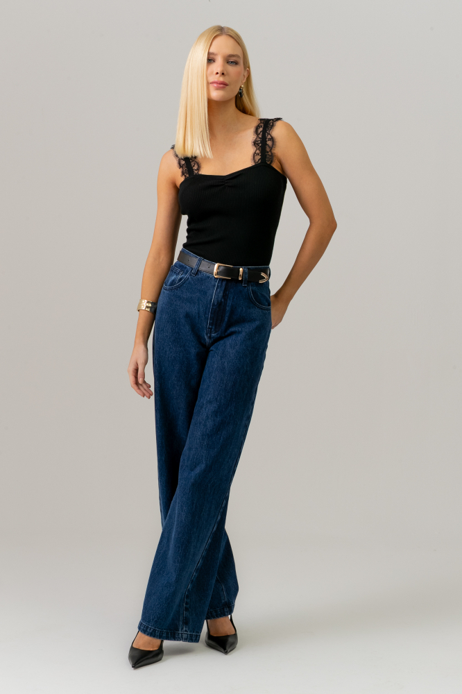 9038679 - Regata Em Tricot Alça Com Renda PRETO