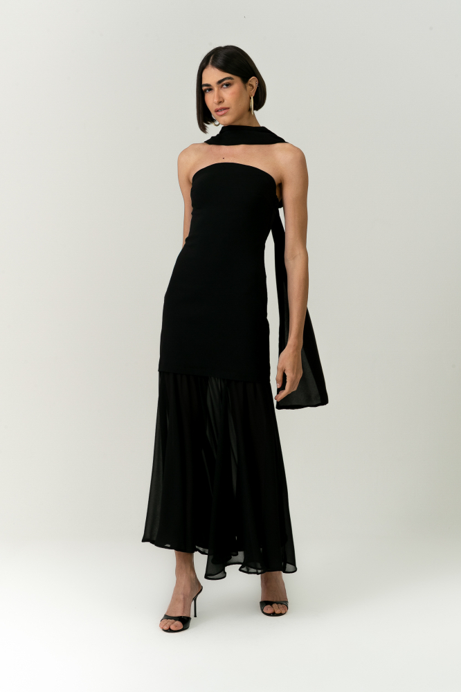 9038754 - Vestido Com Faixa E Saia De Chiffon PRETO