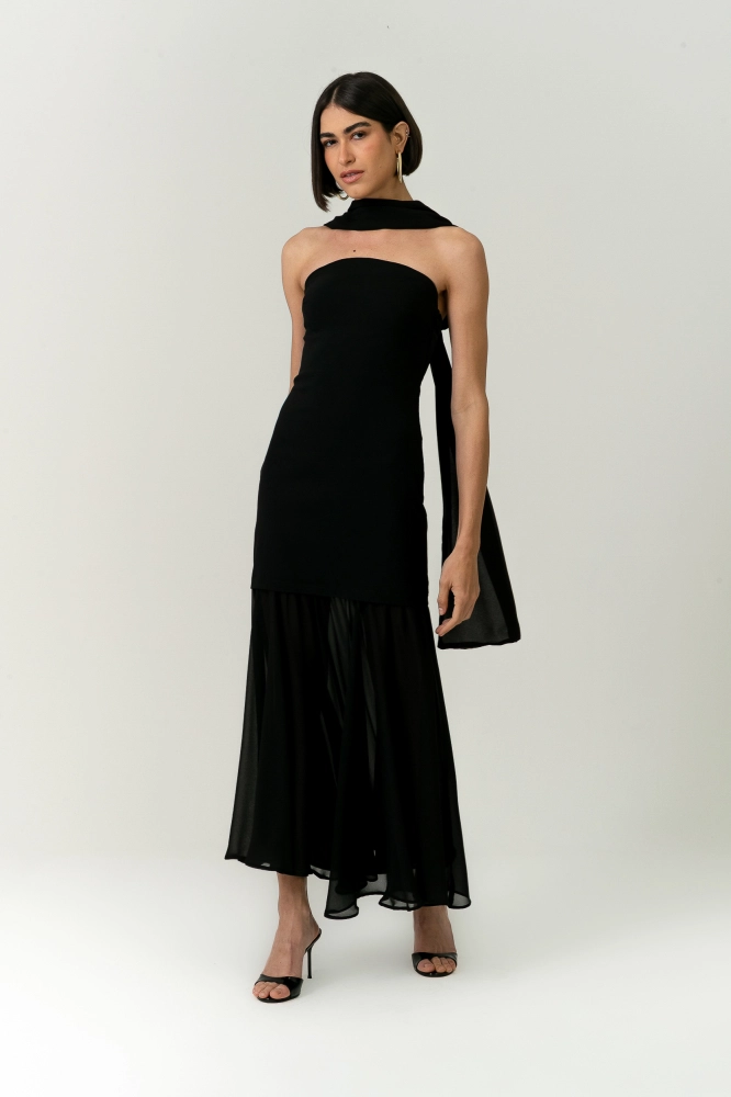9038754 - Vestido Com Faixa E Saia De Chiffon PRETO 9038754 - Vestido Com Faixa E Saia De Chiffon PRETO - Imagem 1