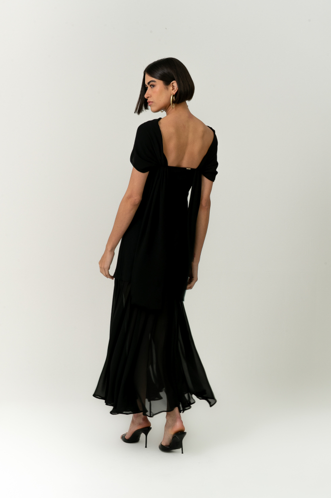 9038754 - Vestido Com Faixa E Saia De Chiffon PRETO