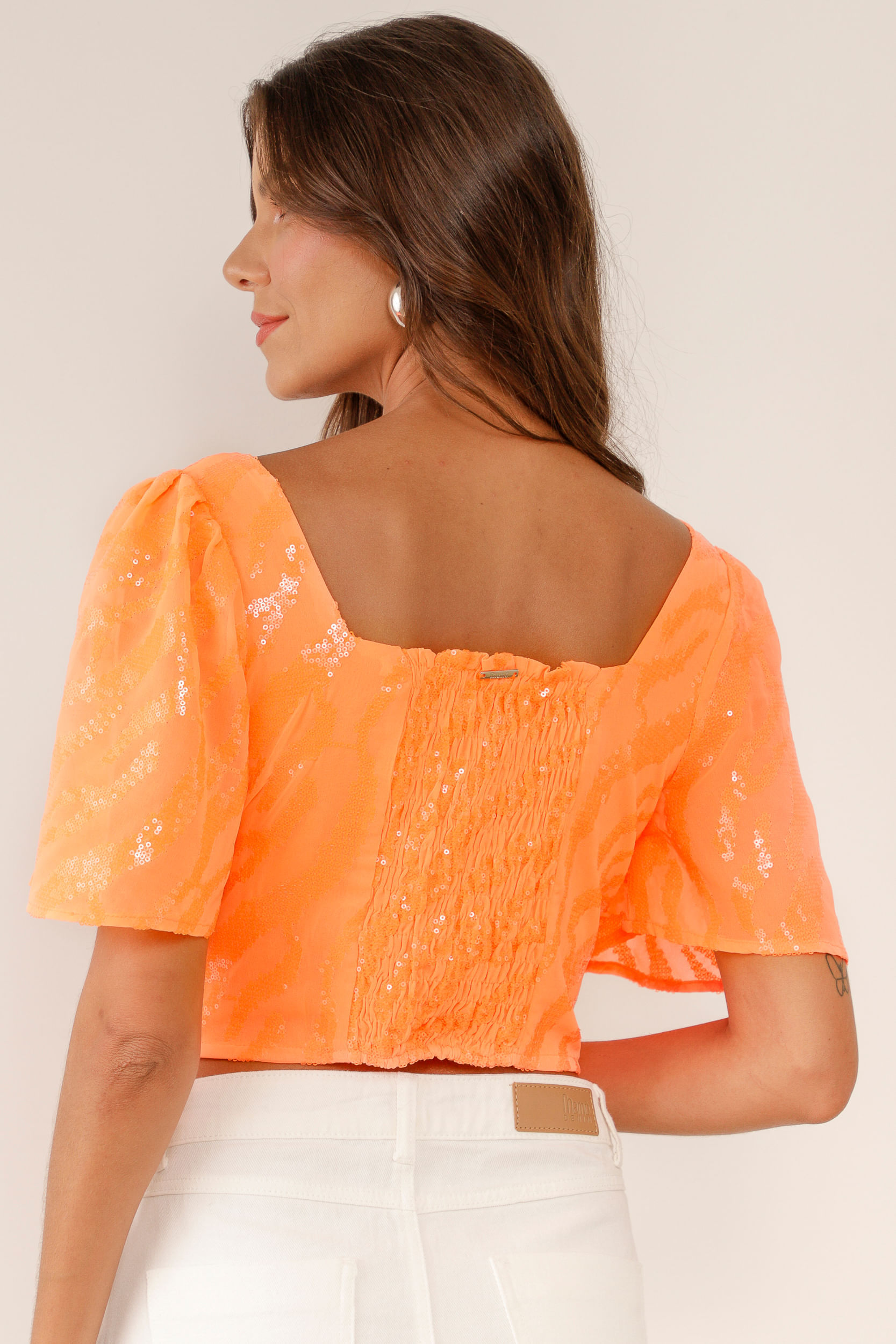 9033604 - Blusa Cropped Chiffon Paetê Neon LARANJA 9033604 - Blusa Cropped Chiffon Paetê Neon LARANJA
