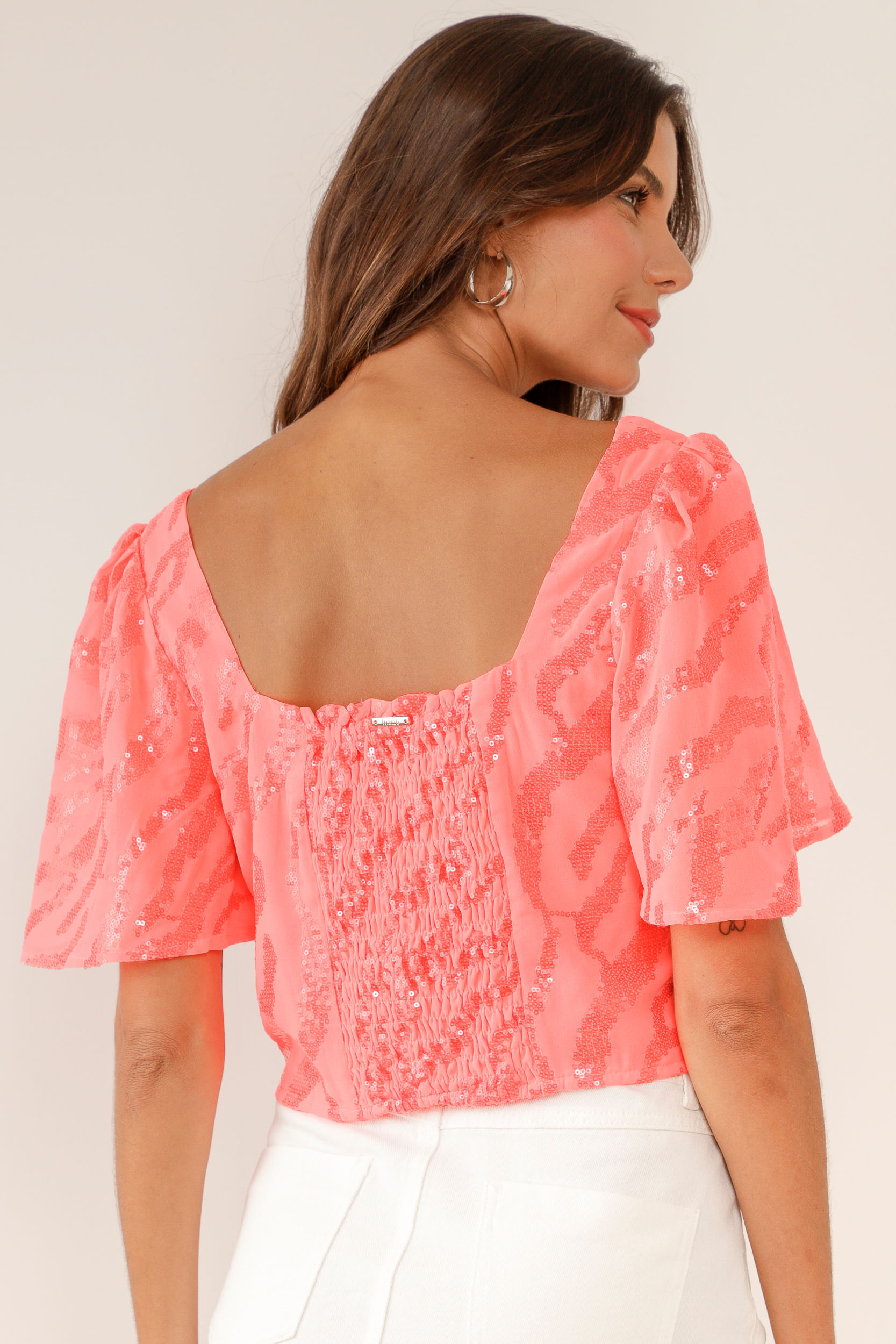9033604 - Blusa Cropped Chiffon Paetê Neon PINK 9033604 - Blusa Cropped Chiffon Paetê Neon PINK