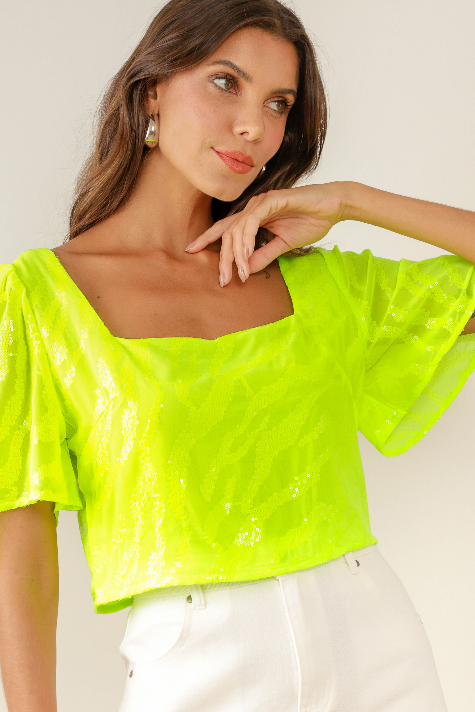 9033604 - Blusa Cropped Chiffon Paetê Neon LIMA