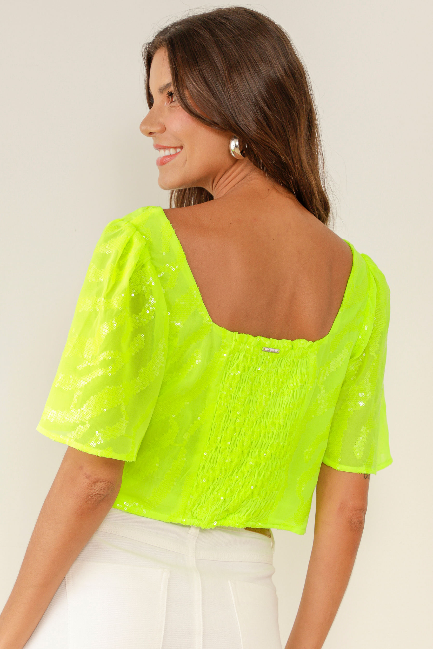 9033604 - Blusa Cropped Chiffon Paetê Neon LIMA