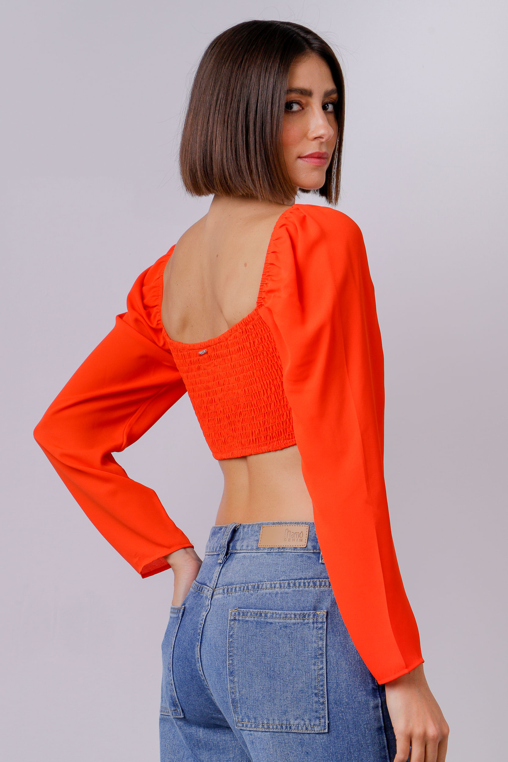 9033997 - Blusa Cropped Decote Franzido  LARANJA