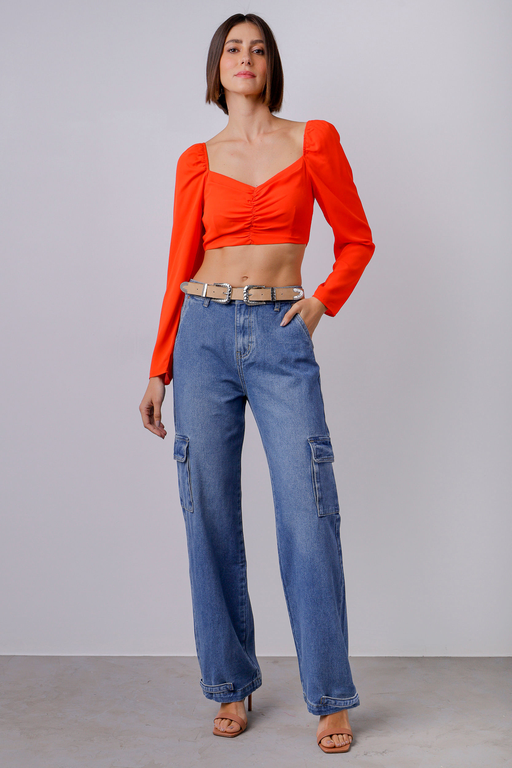 9033997 - Blusa Cropped Decote Franzido  LARANJA