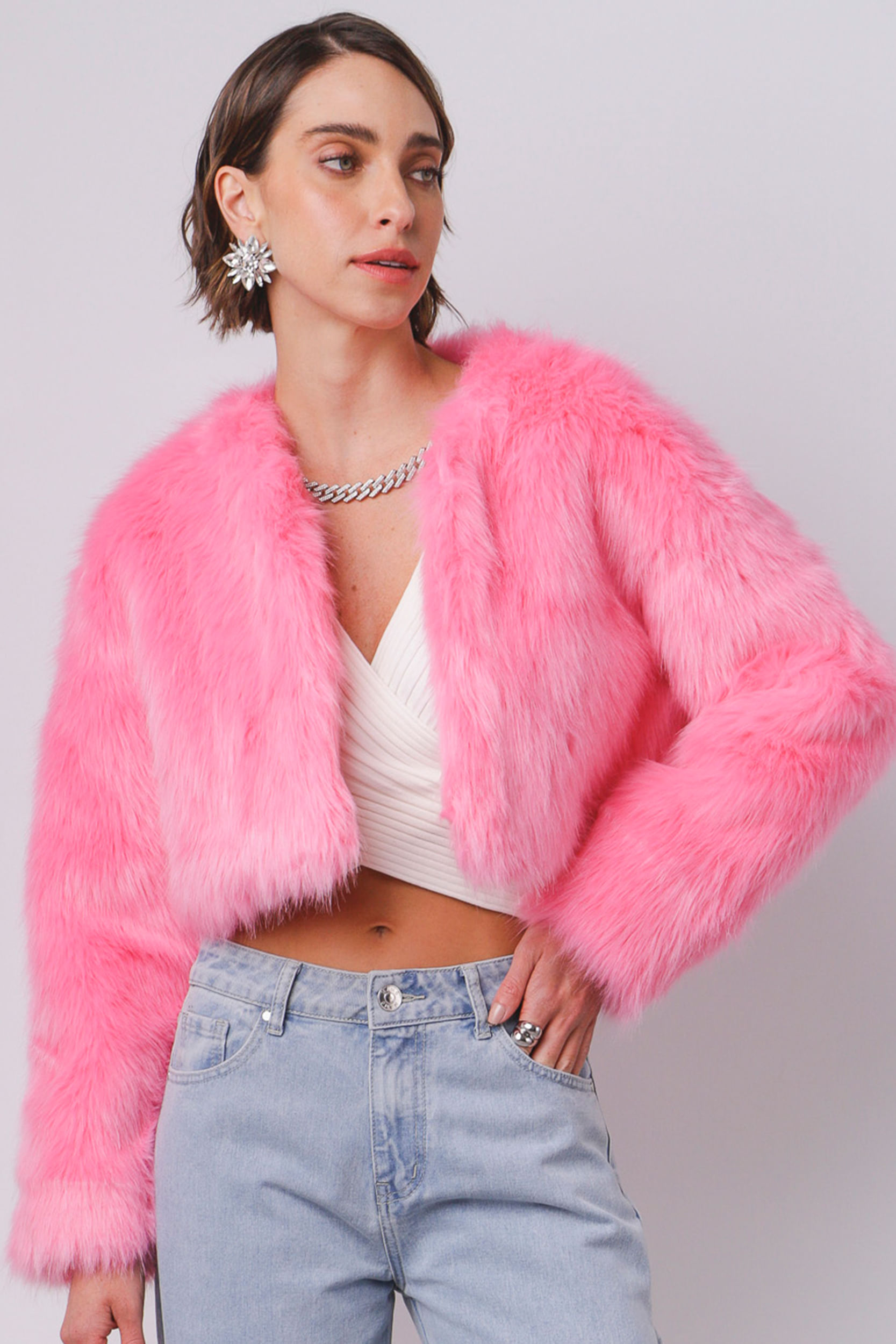 Casaco Cropped Amplo Pelo Fake  ROSA