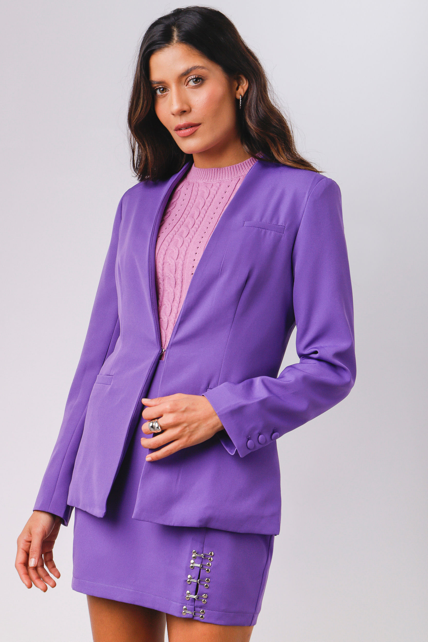 Saia Alfaiataria Fenda Com Ganchos ROXO Saia Alfaiataria Fenda Com Ganchos ROXO