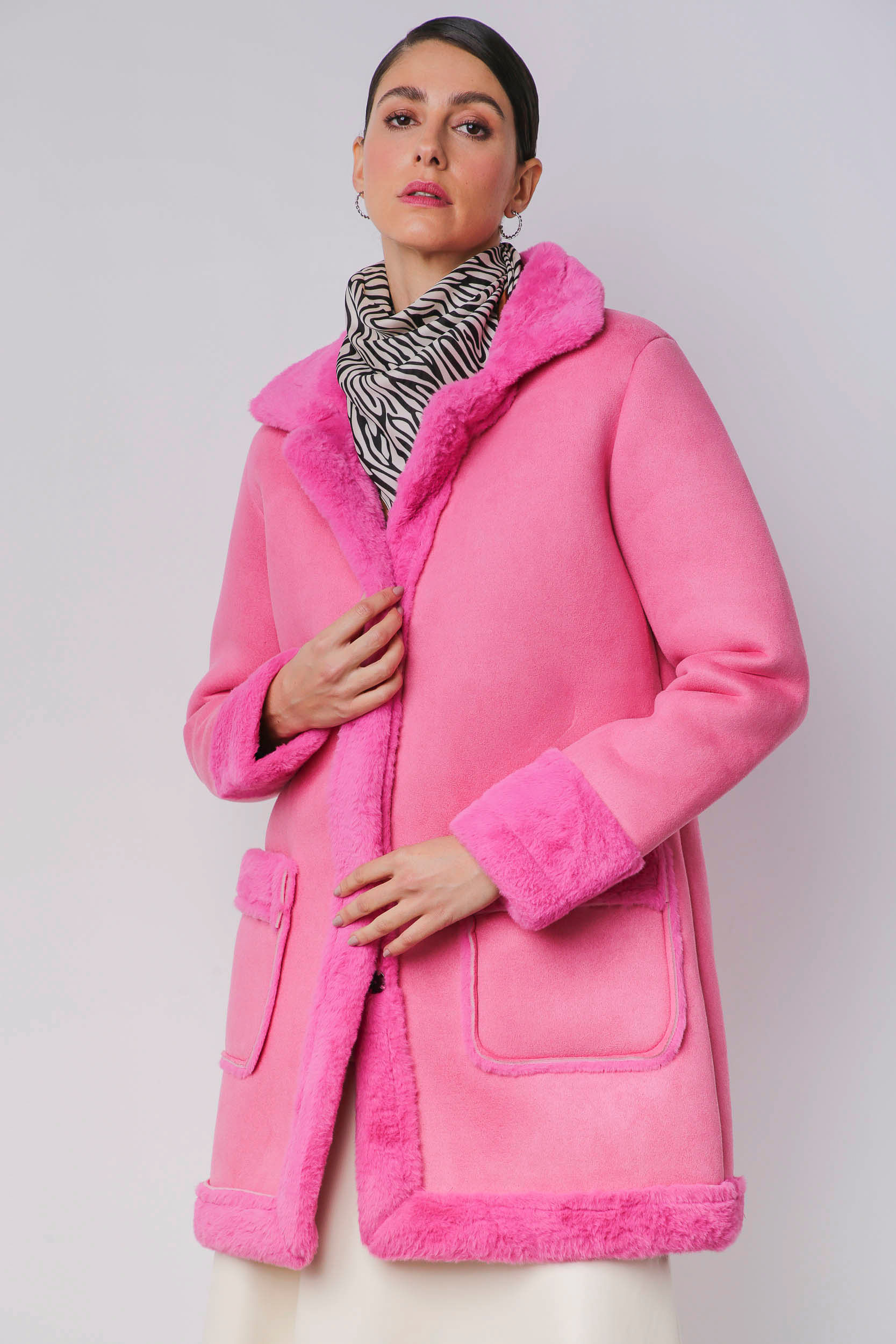 Casaco Alongado Suede Forrado Pelo ROSA
