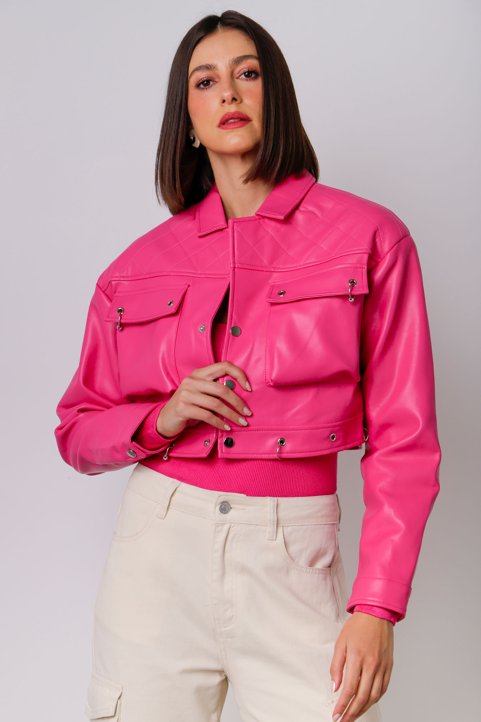Jaqueta Cropped Argolas Pu  PINK