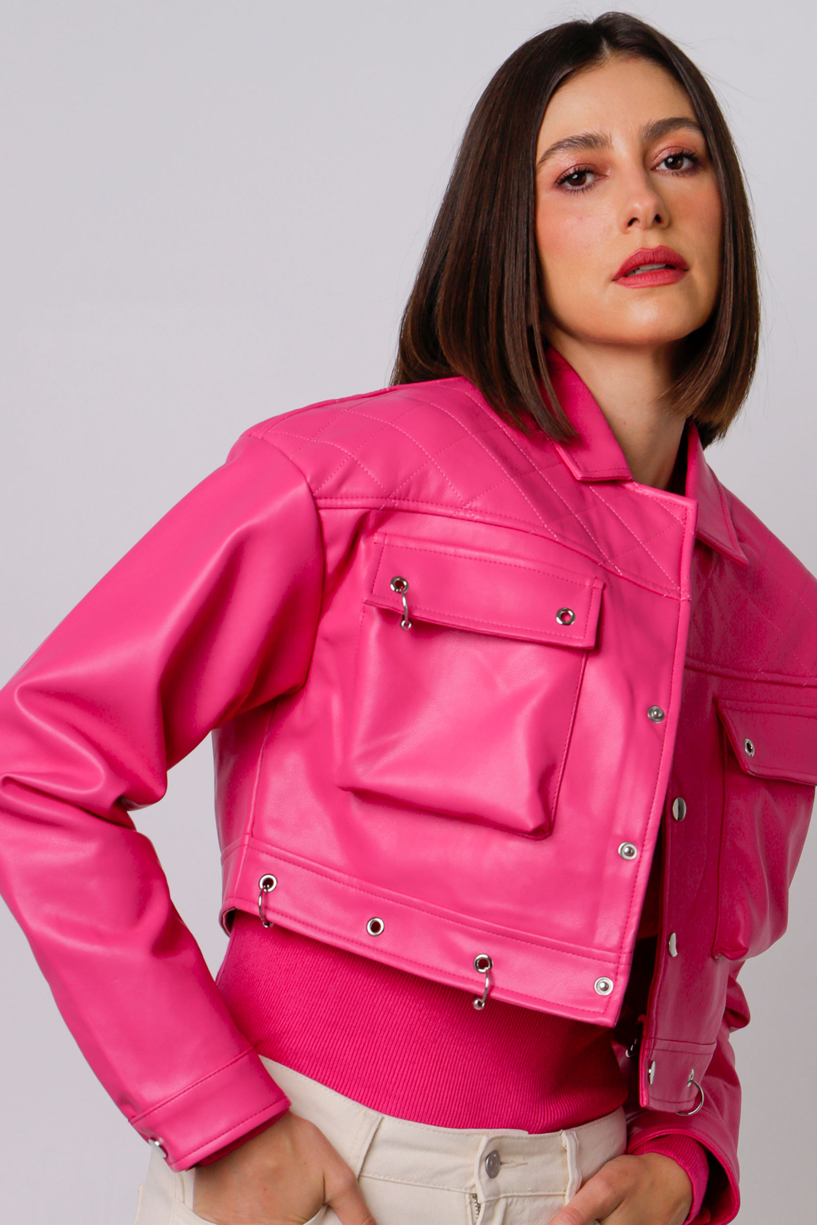 Jaqueta Cropped Argolas Pu PINK Jaqueta Cropped Argolas Pu PINK