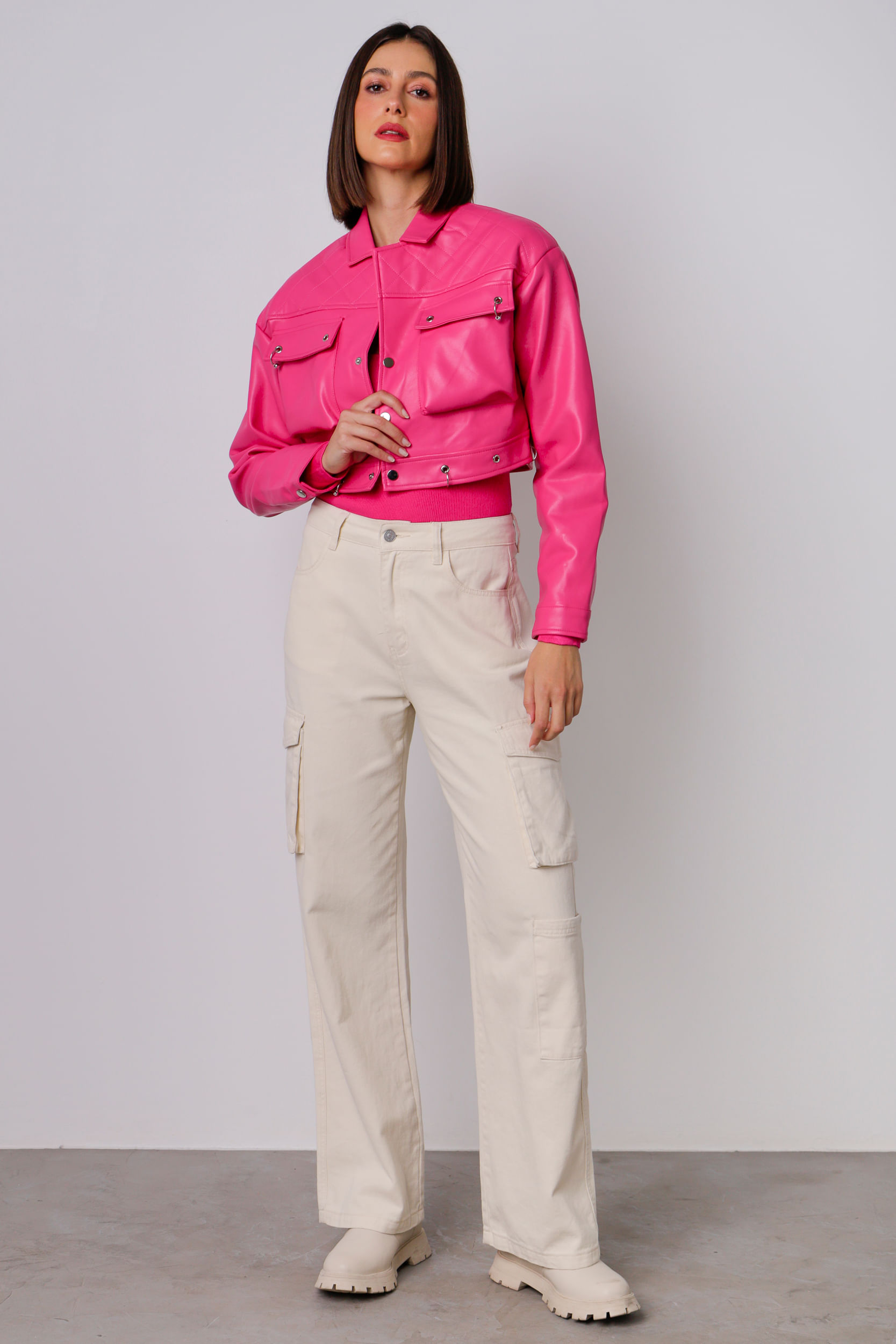 Jaqueta Cropped Argolas Pu PINK Jaqueta Cropped Argolas Pu PINK