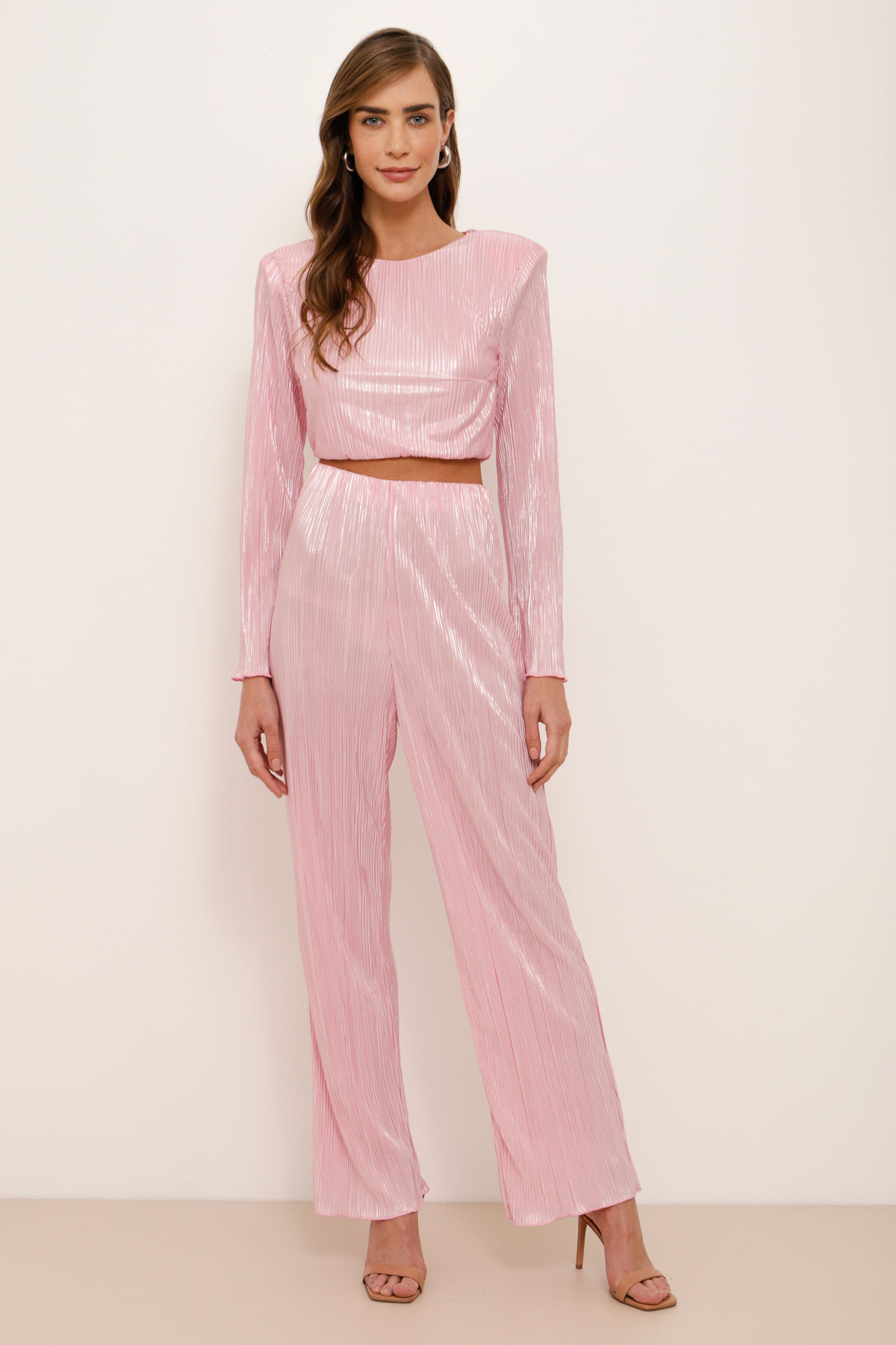 Calça Reta Plissada Metalizada ROSA