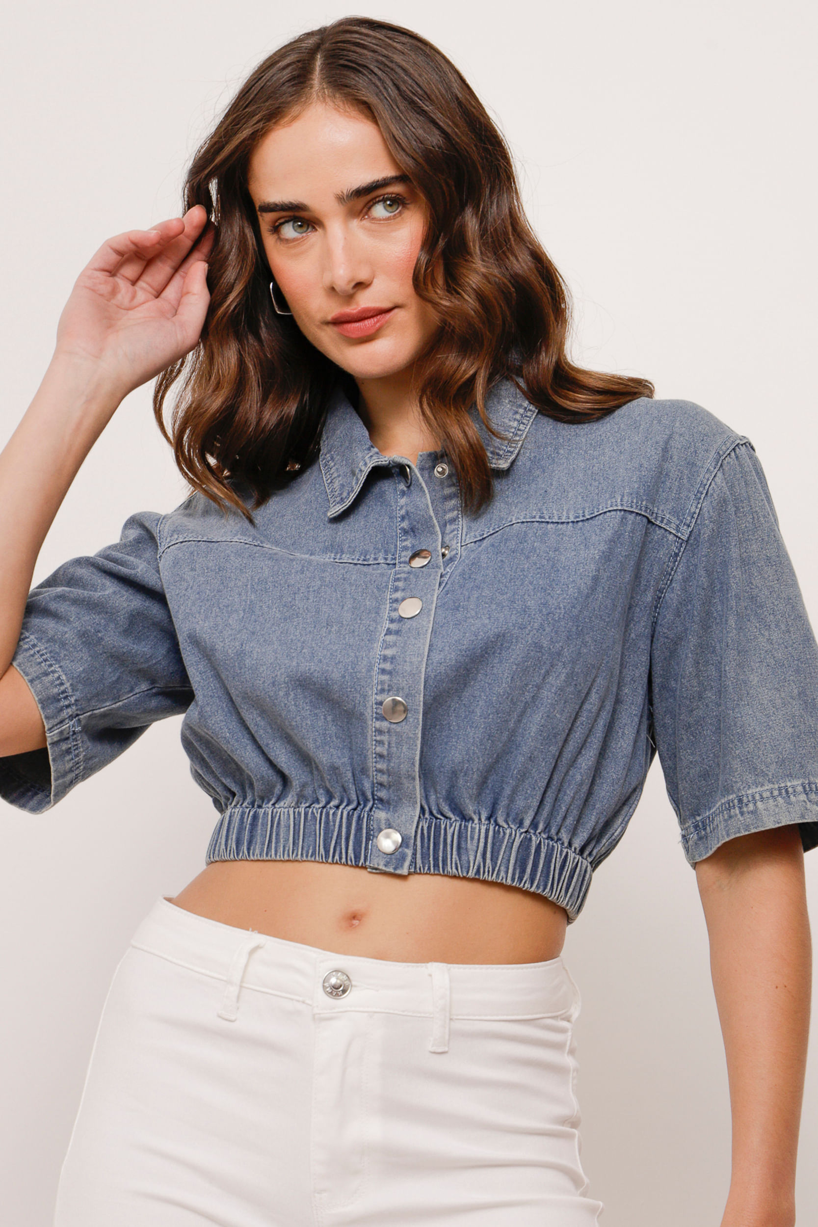 9033899 - Camisa Jeans Cropped Manga Curta AZUL 9033899 - Camisa Jeans Cropped Manga Curta AZUL
