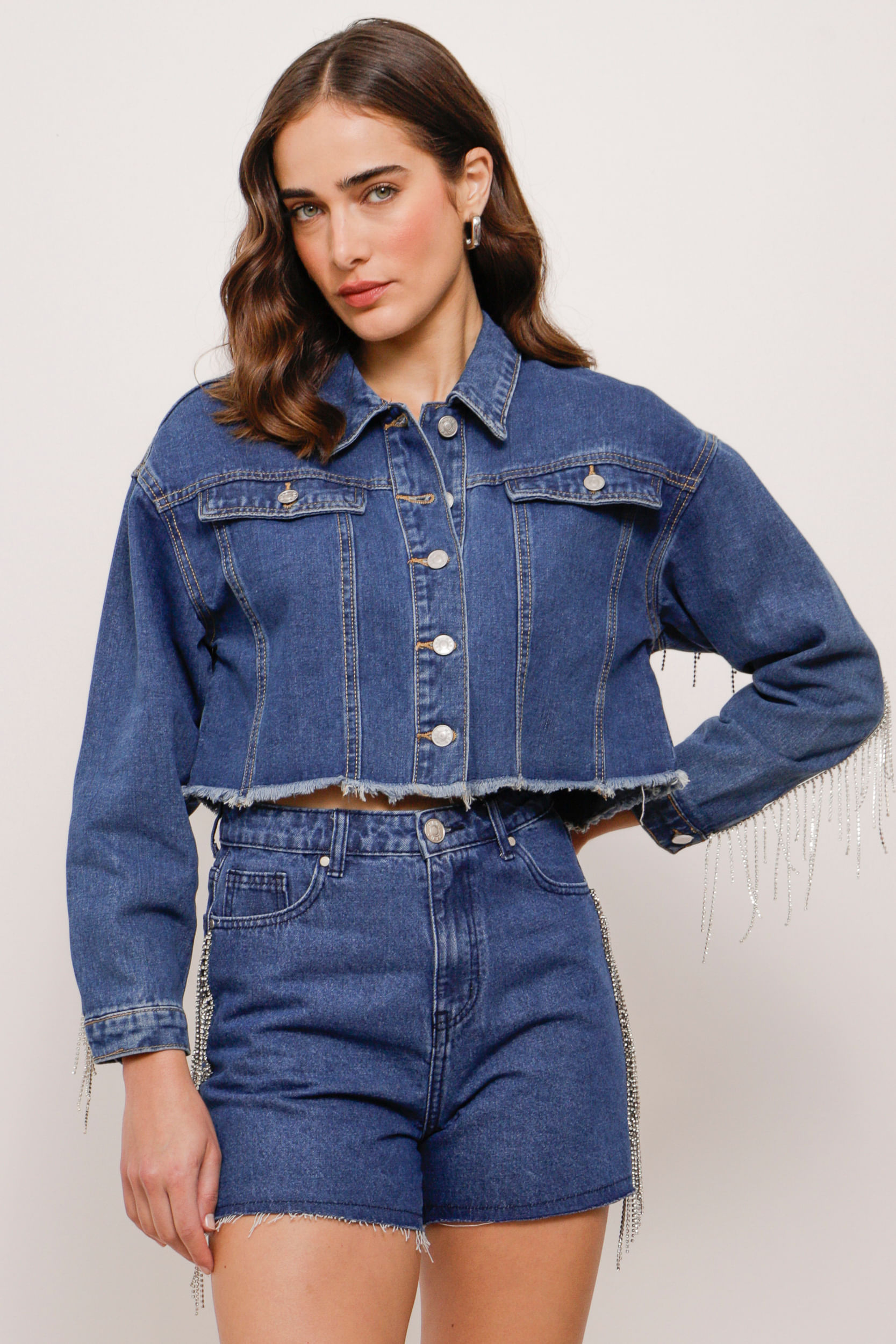 9033803 - Short Jeans Franjas Strass Lateral AZUL