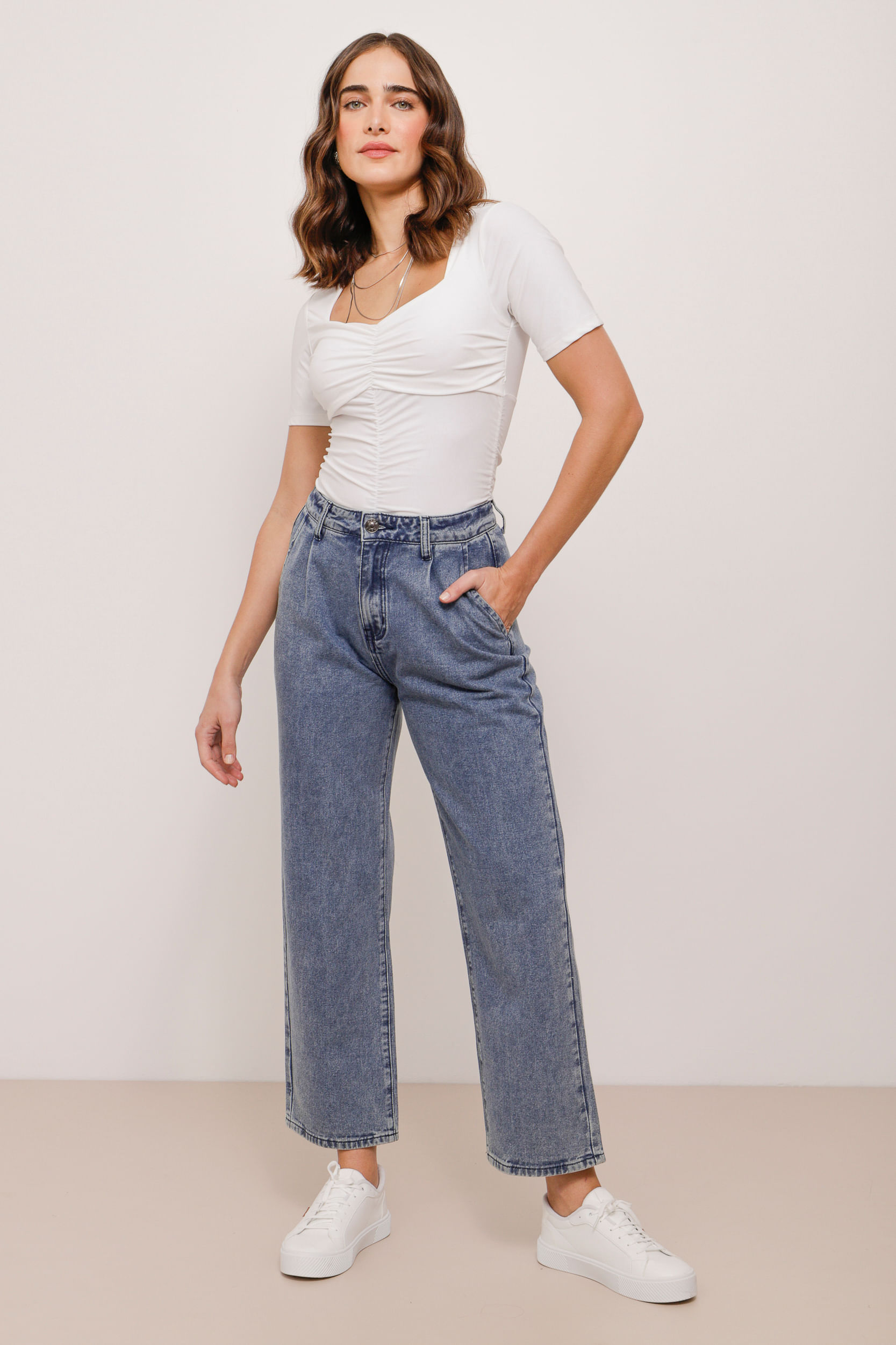 9034393 - Calça Jeans Reta Com Pregas  AZUL