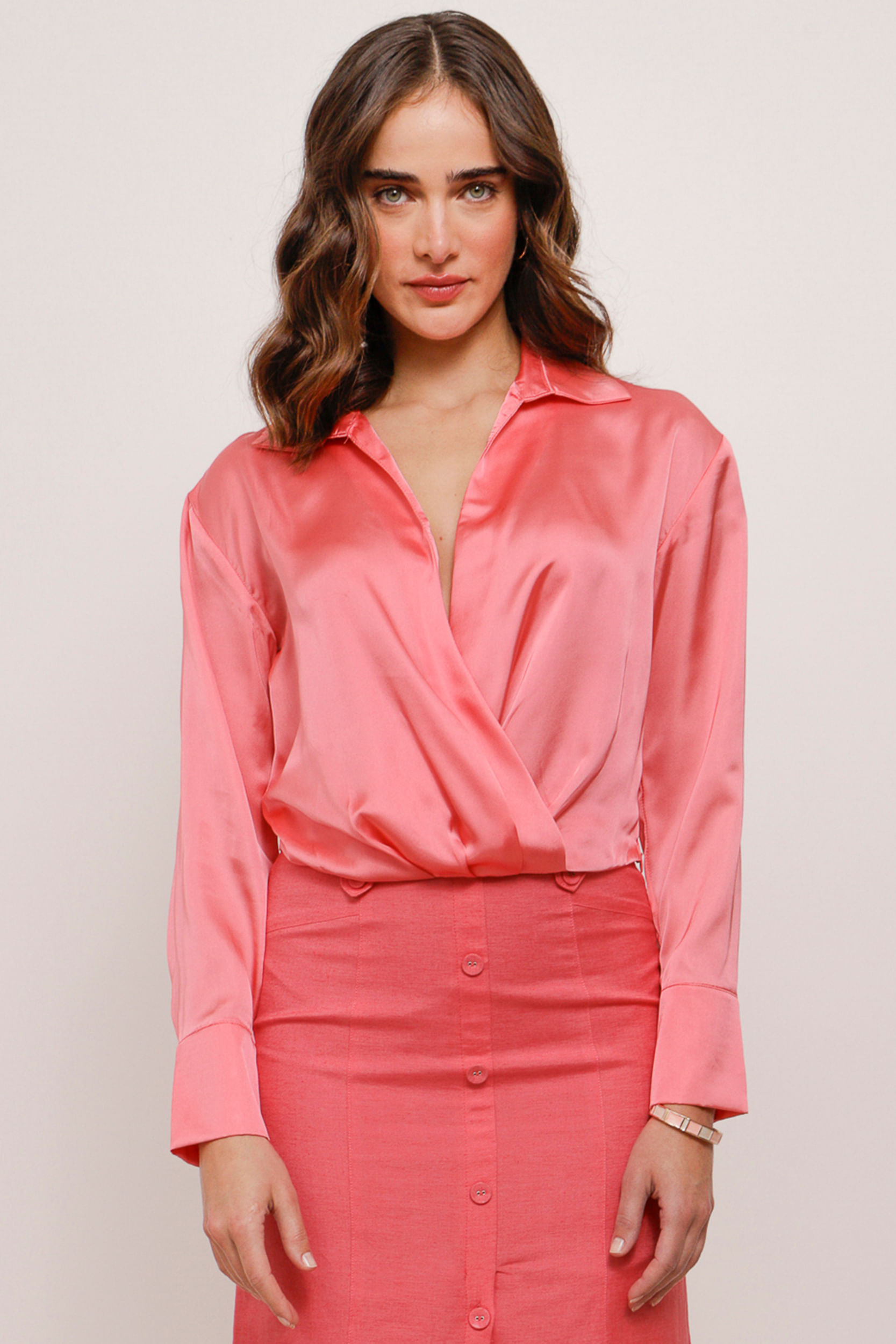 Blusa Cetim Manga Longa Transpassada ROSA