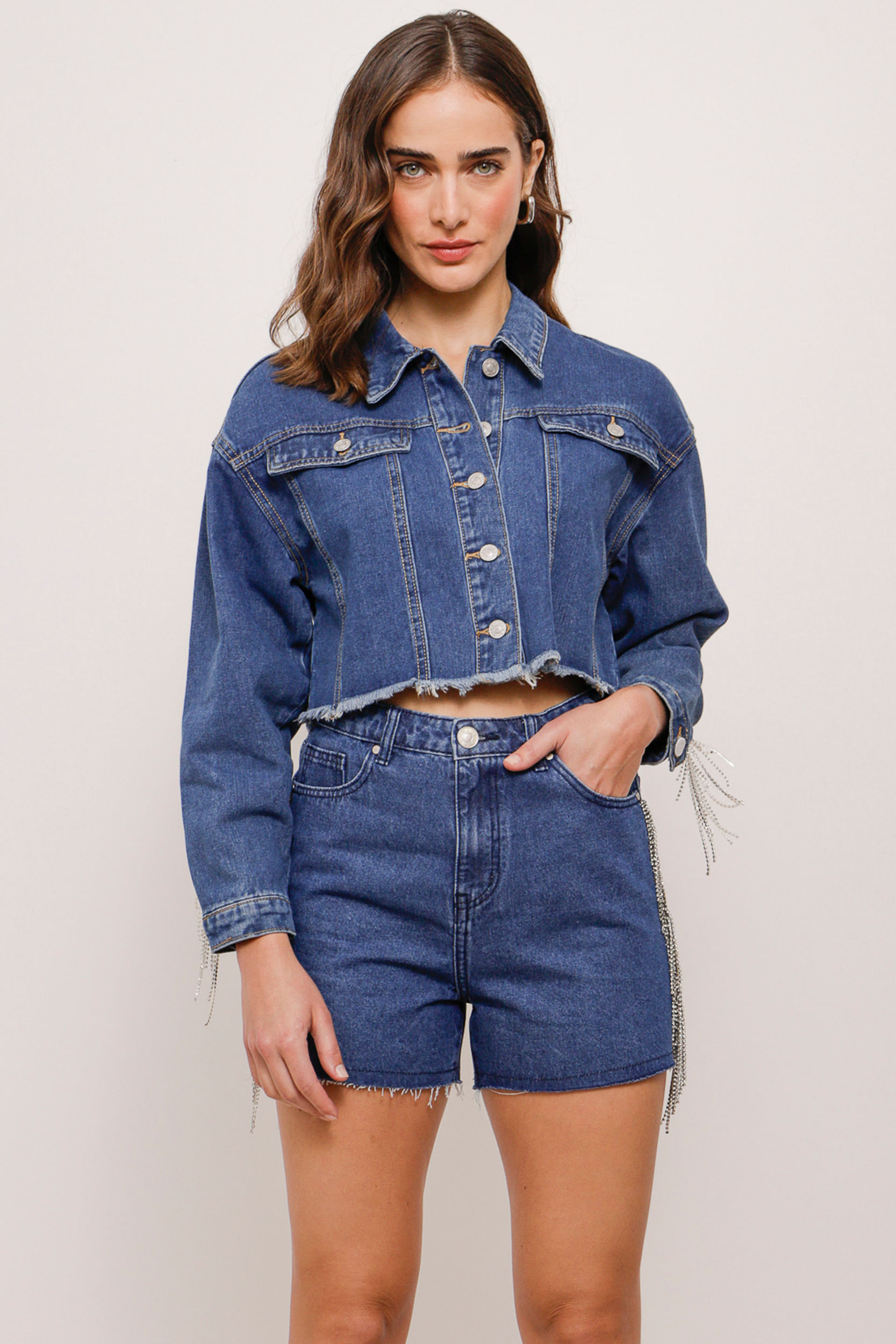 9033803 - Short Jeans Franjas Strass Lateral AZUL 9033803 - Short Jeans Franjas Strass Lateral AZUL