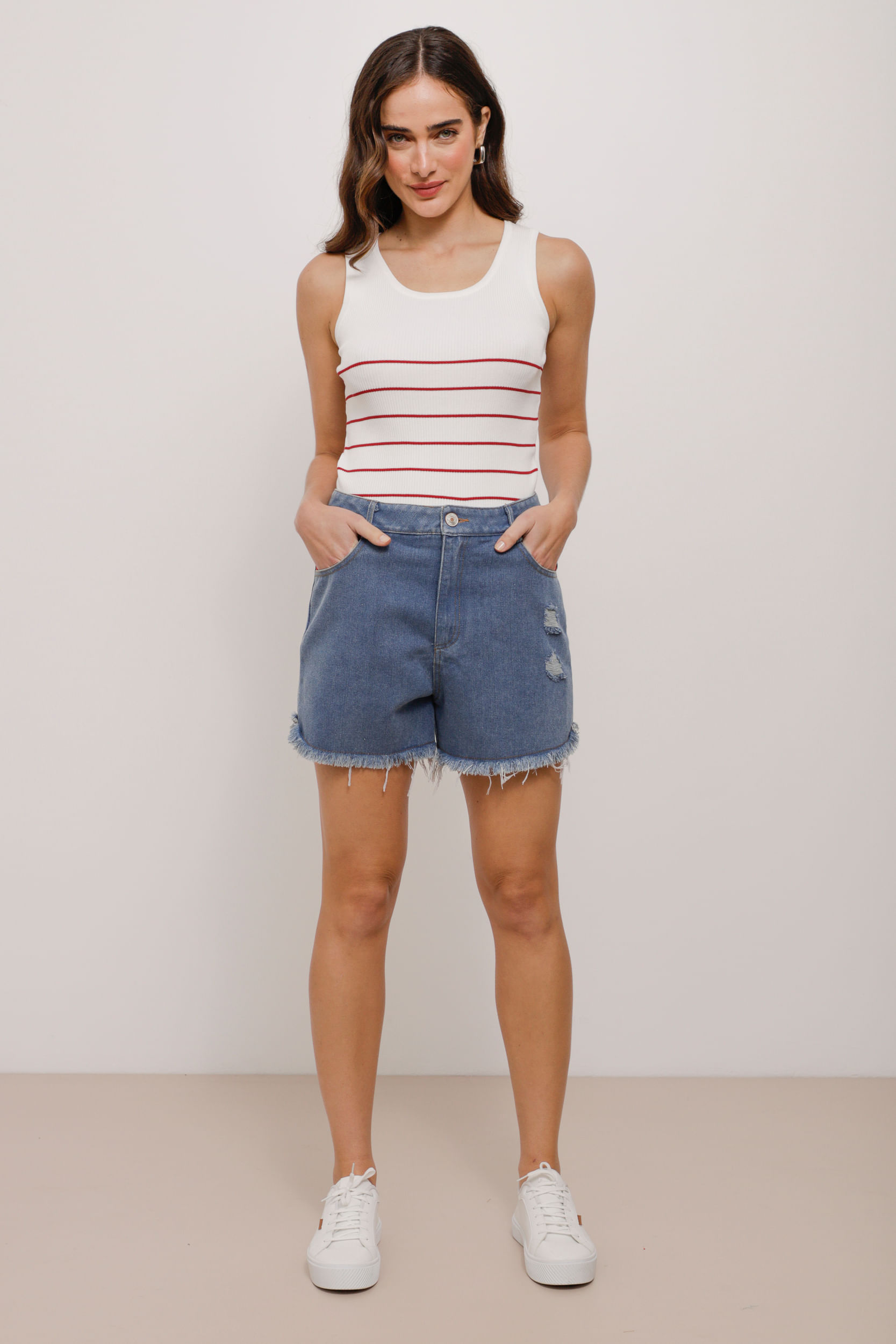 9034334 - Short Jeans Color Barra Desfiada VERMELHO 9034334 - Short Jeans Color Barra Desfiada VERMELHO