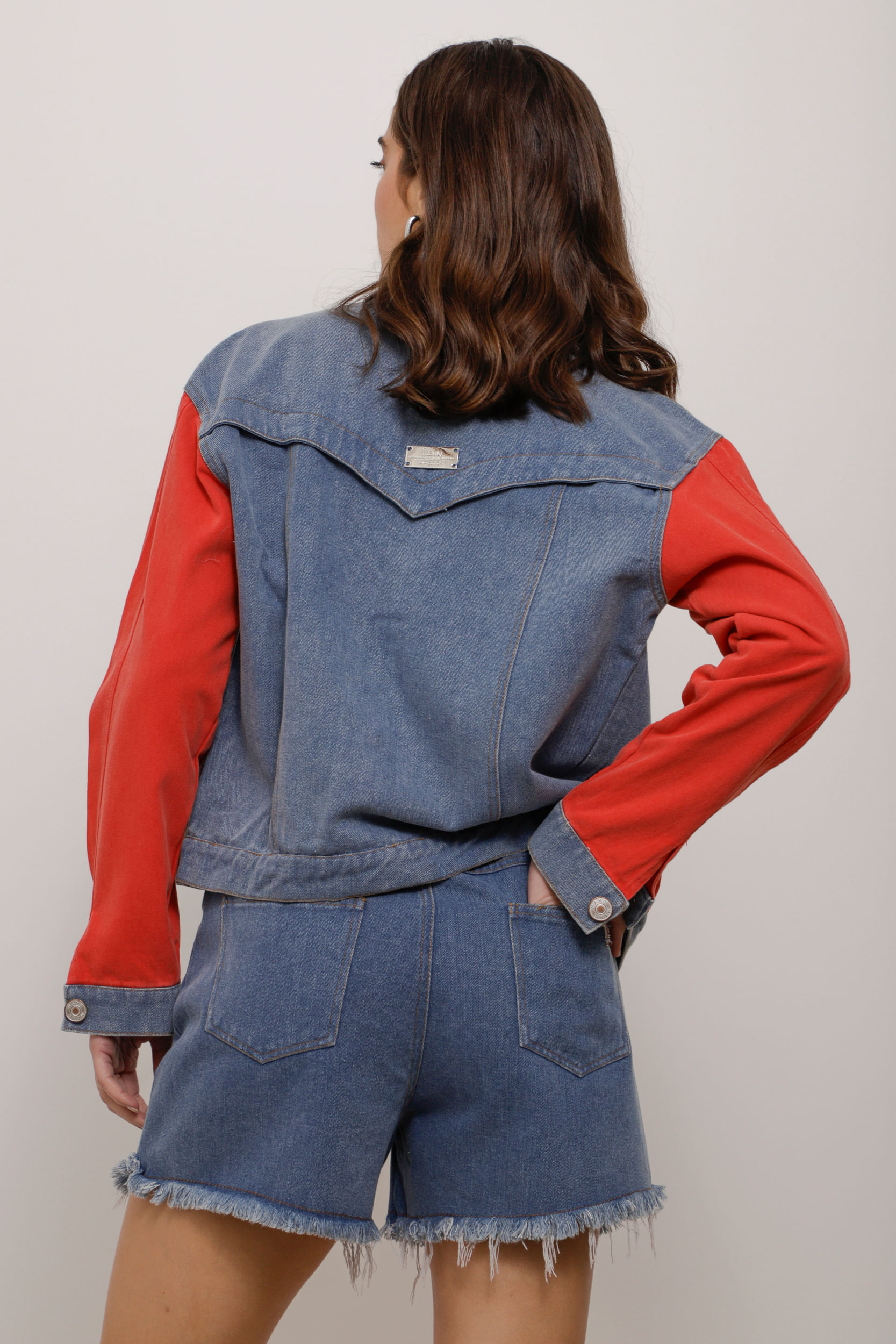 Jaqueta Jeans Color Recortes VERMELHO Jaqueta Jeans Color Recortes VERMELHO