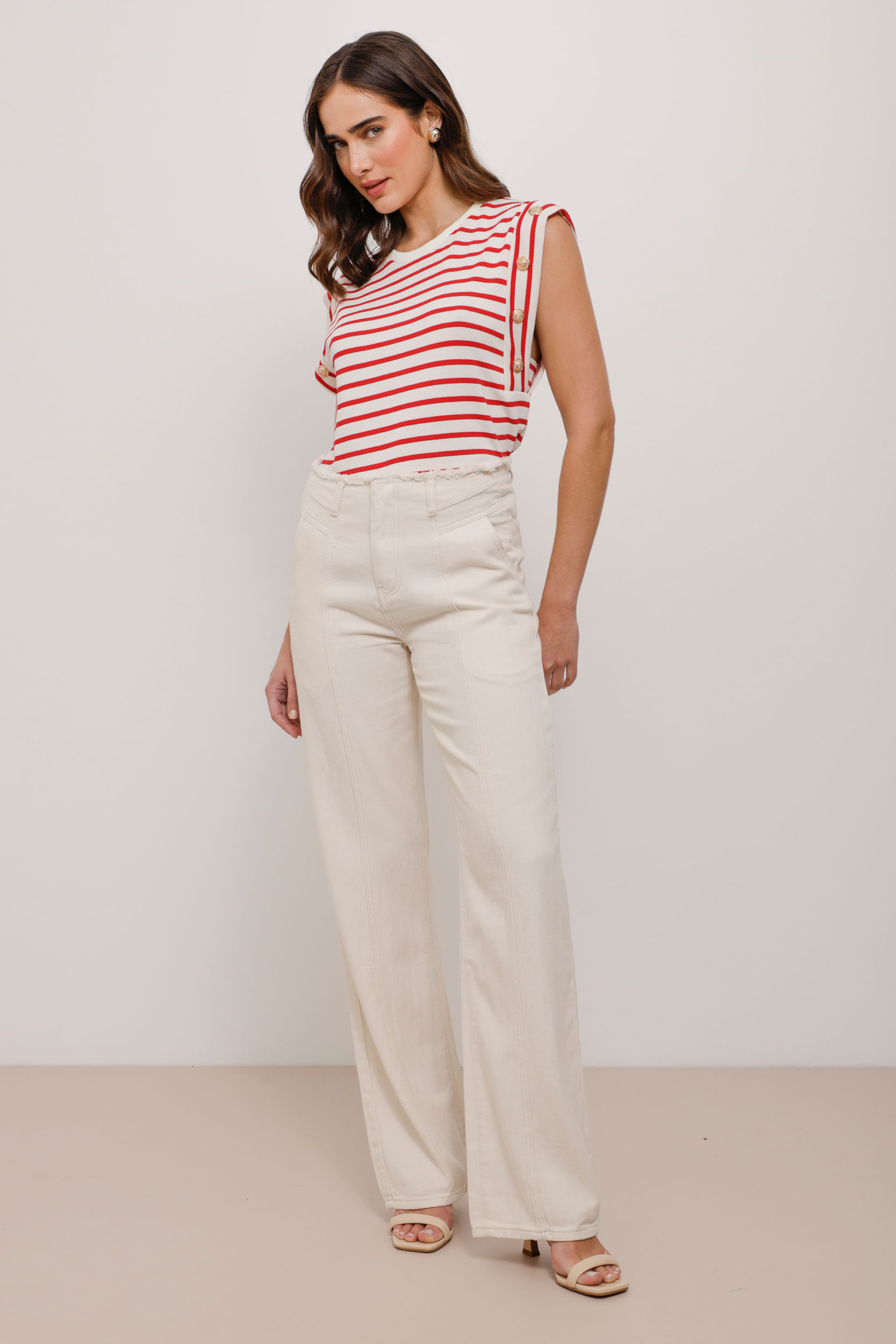 9034459 - Calça Sarja Wide Leg Sem Cós NATURAL