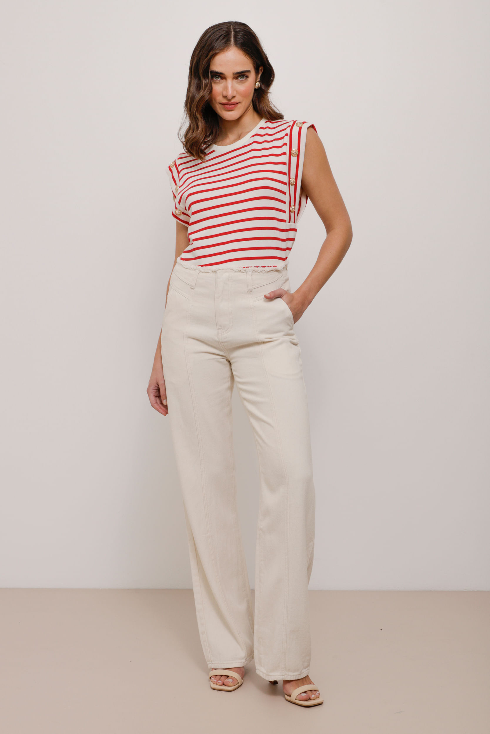 9034459 - Calça Sarja Wide Leg Sem Cós NATURAL