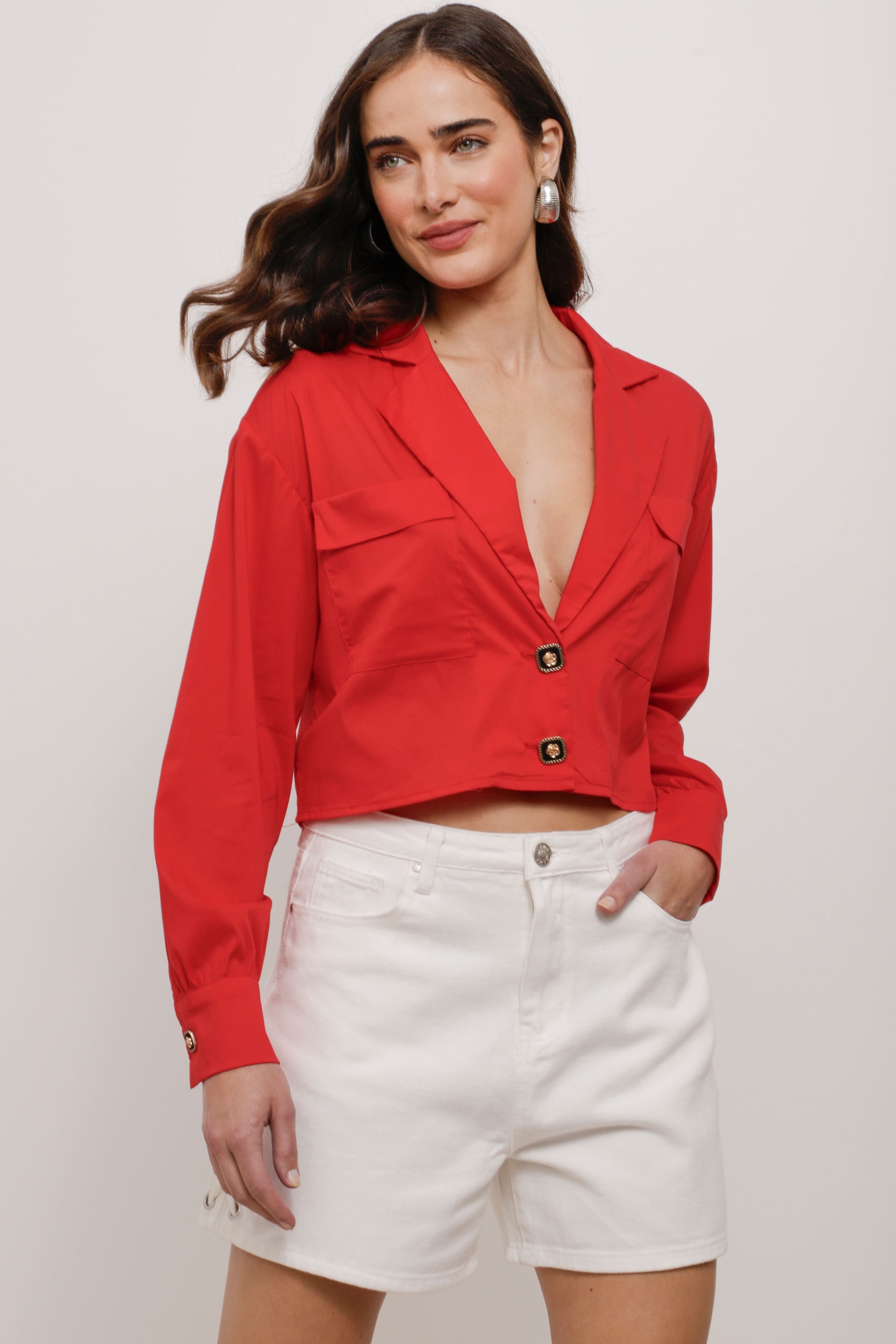 Camisa Cropped Tricoline Gola Blazer  VERMELHO