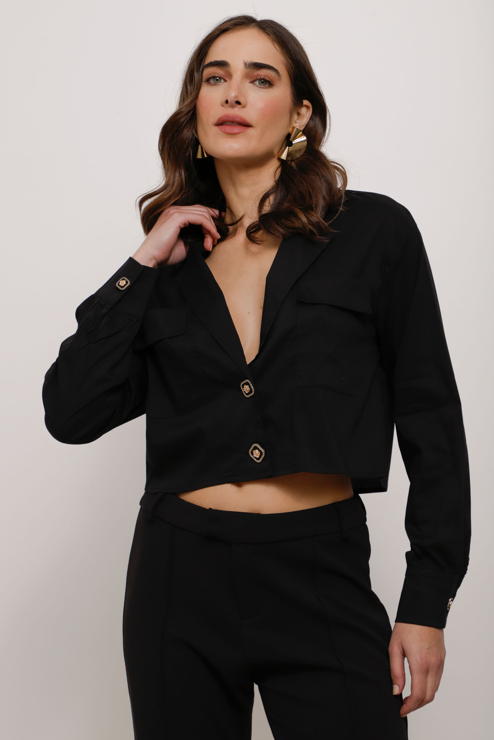 Camisa Cropped Tricoline Gola Blazer  PRETO