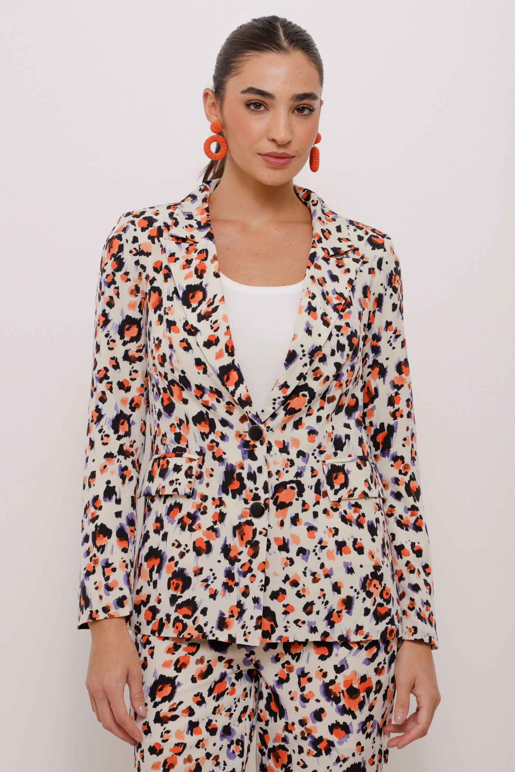 Blazer Navy Acinturado Crepe Estampa Oncinha AZUL