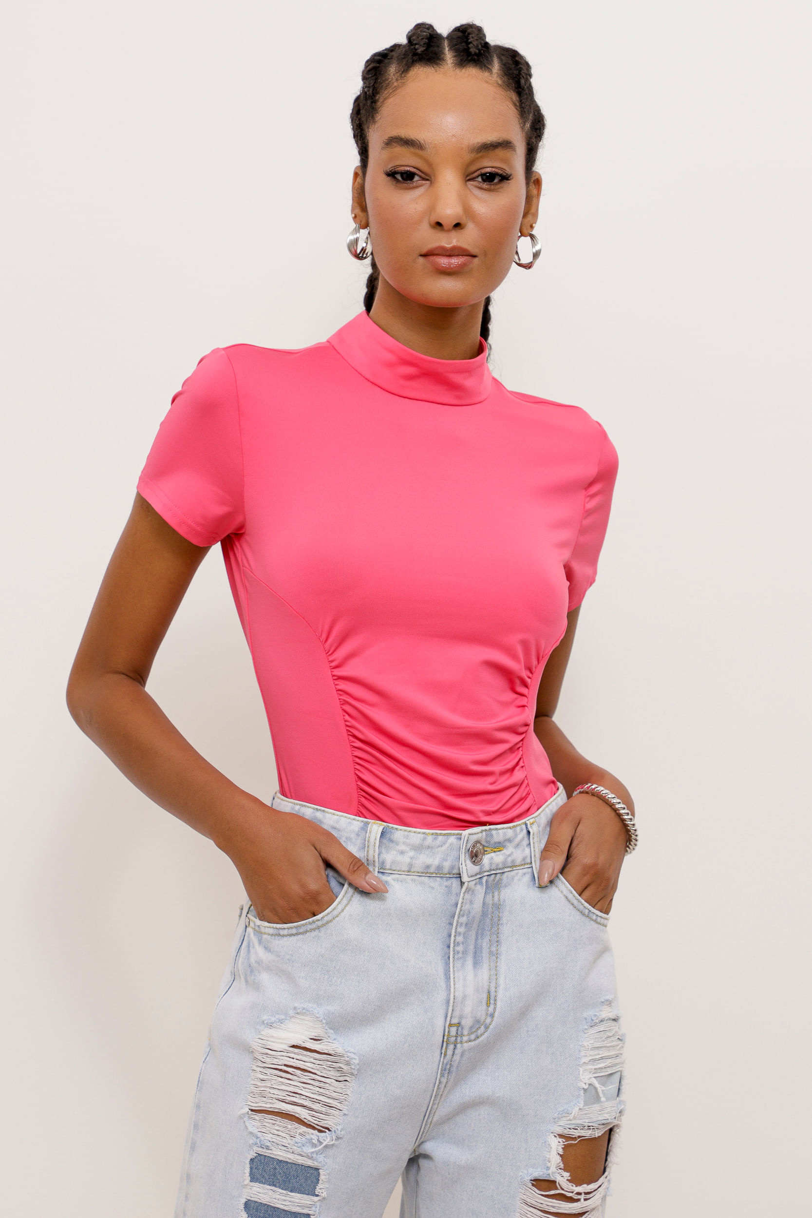 9034264 - Blusa Jersey Manga Curta Gola Alta PINK