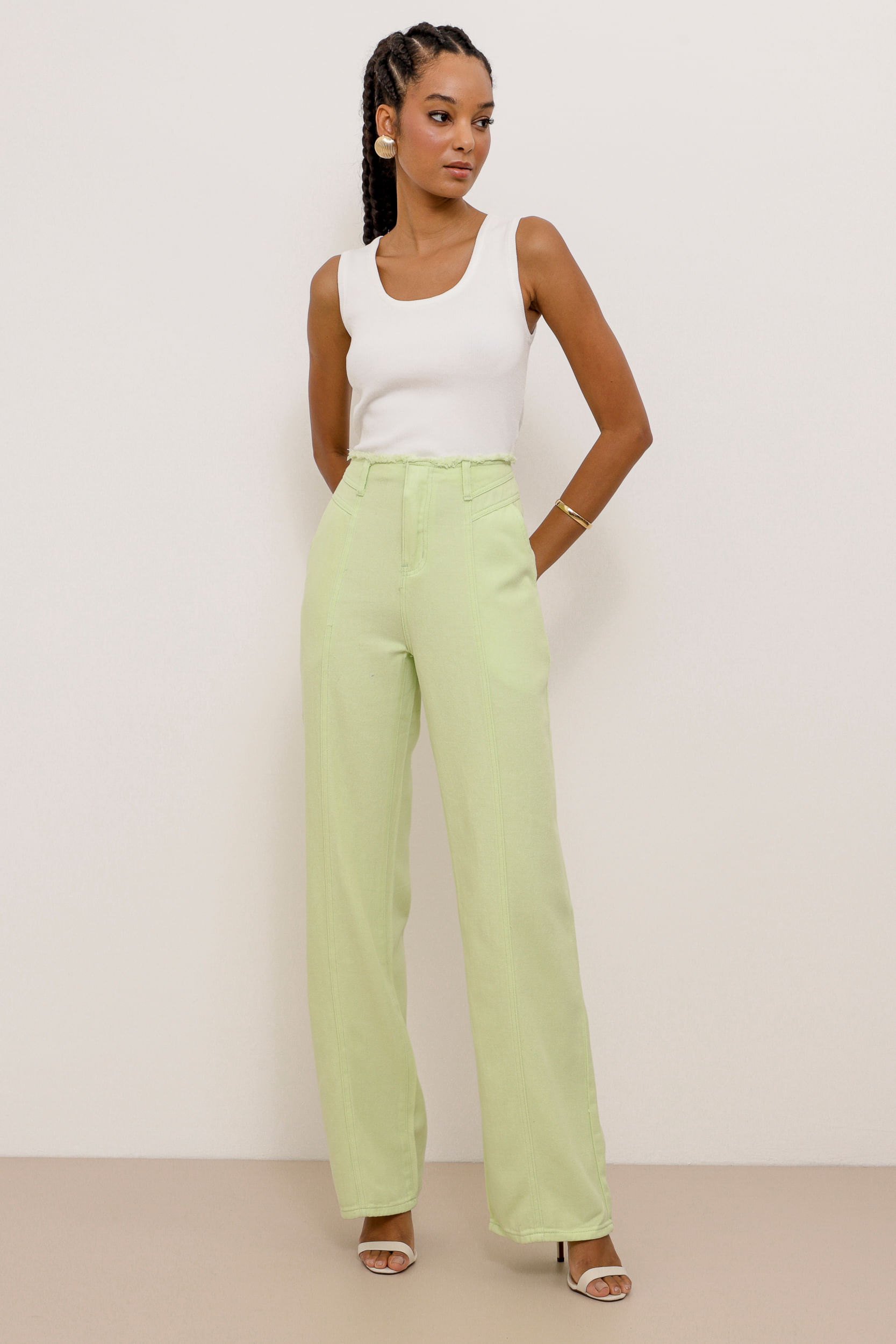 9034459 - Calça Sarja Wide Leg Sem Cós VERDE 