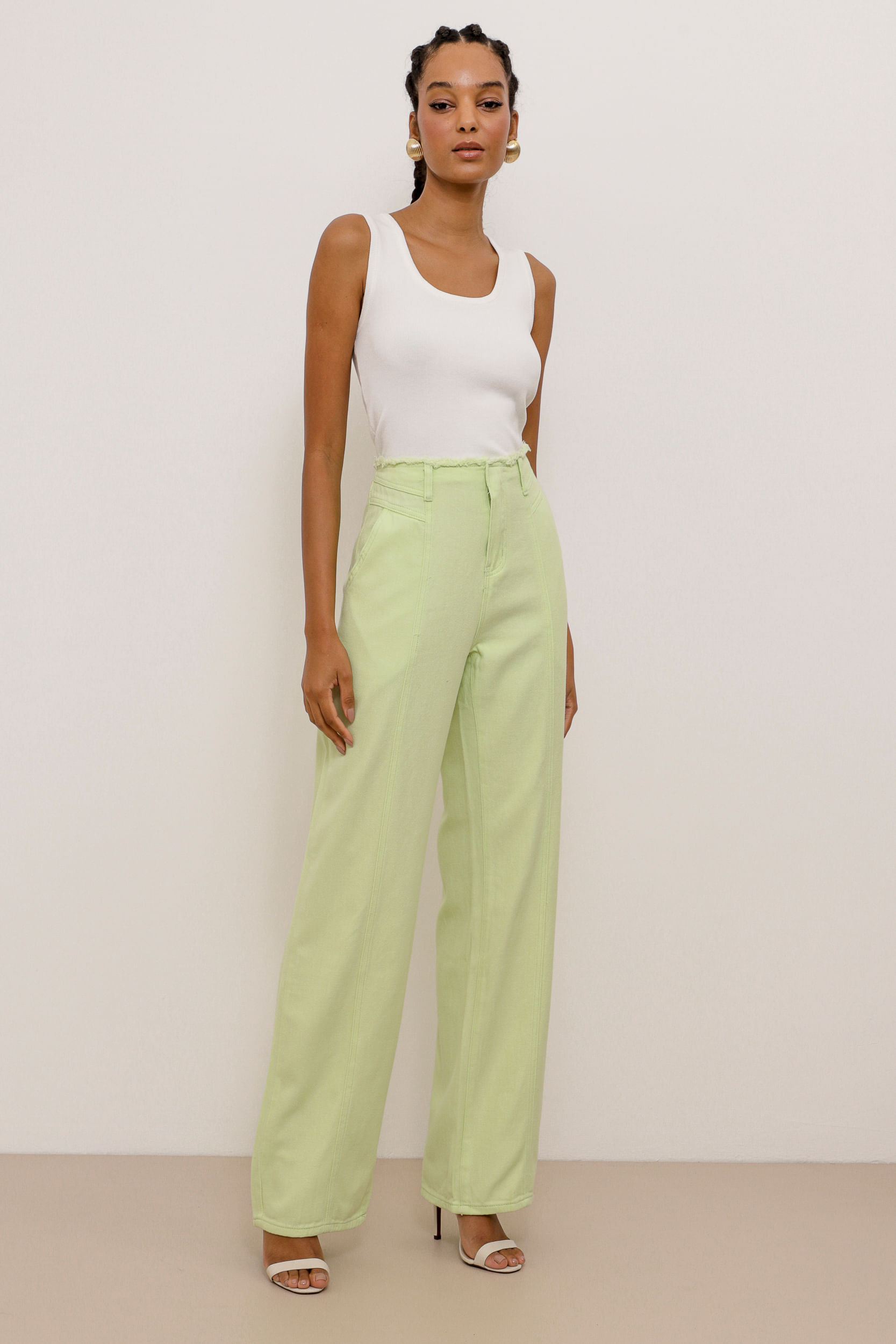 9034459 - Calça Sarja Wide Leg Sem Cós VERDE 