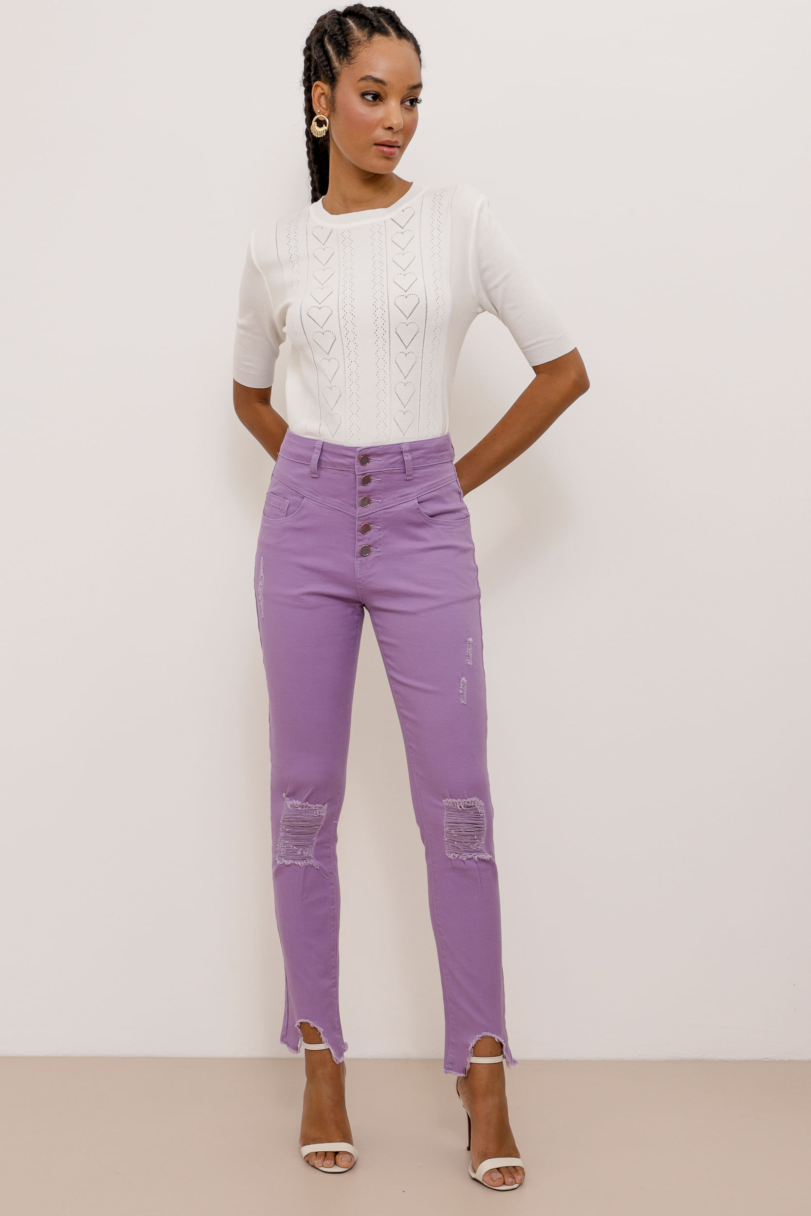 9033772 - Calça Skinny Sarja Puídos Recortes  LILAS