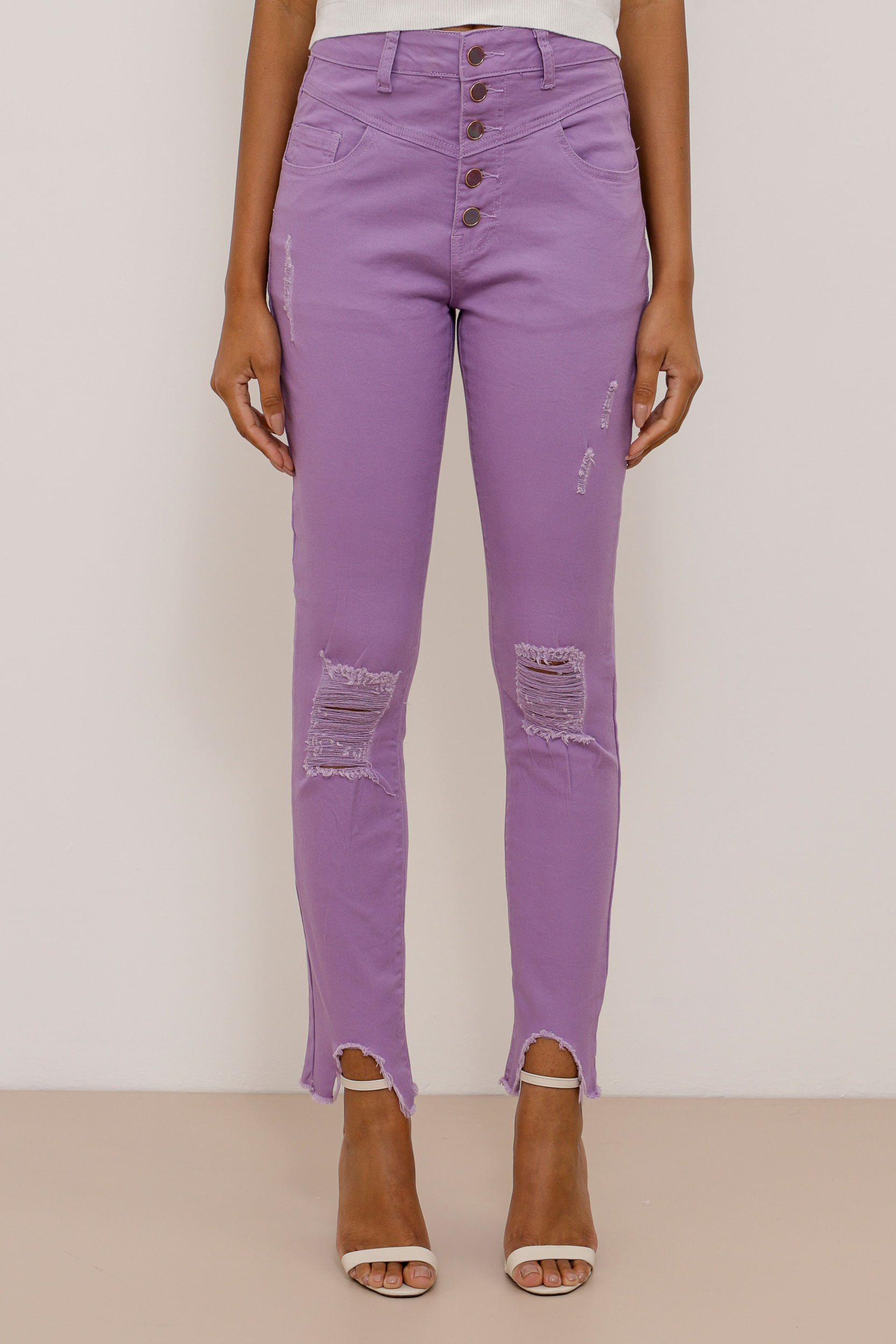 9033772 - Calça Skinny Sarja Puídos Recortes  LILAS