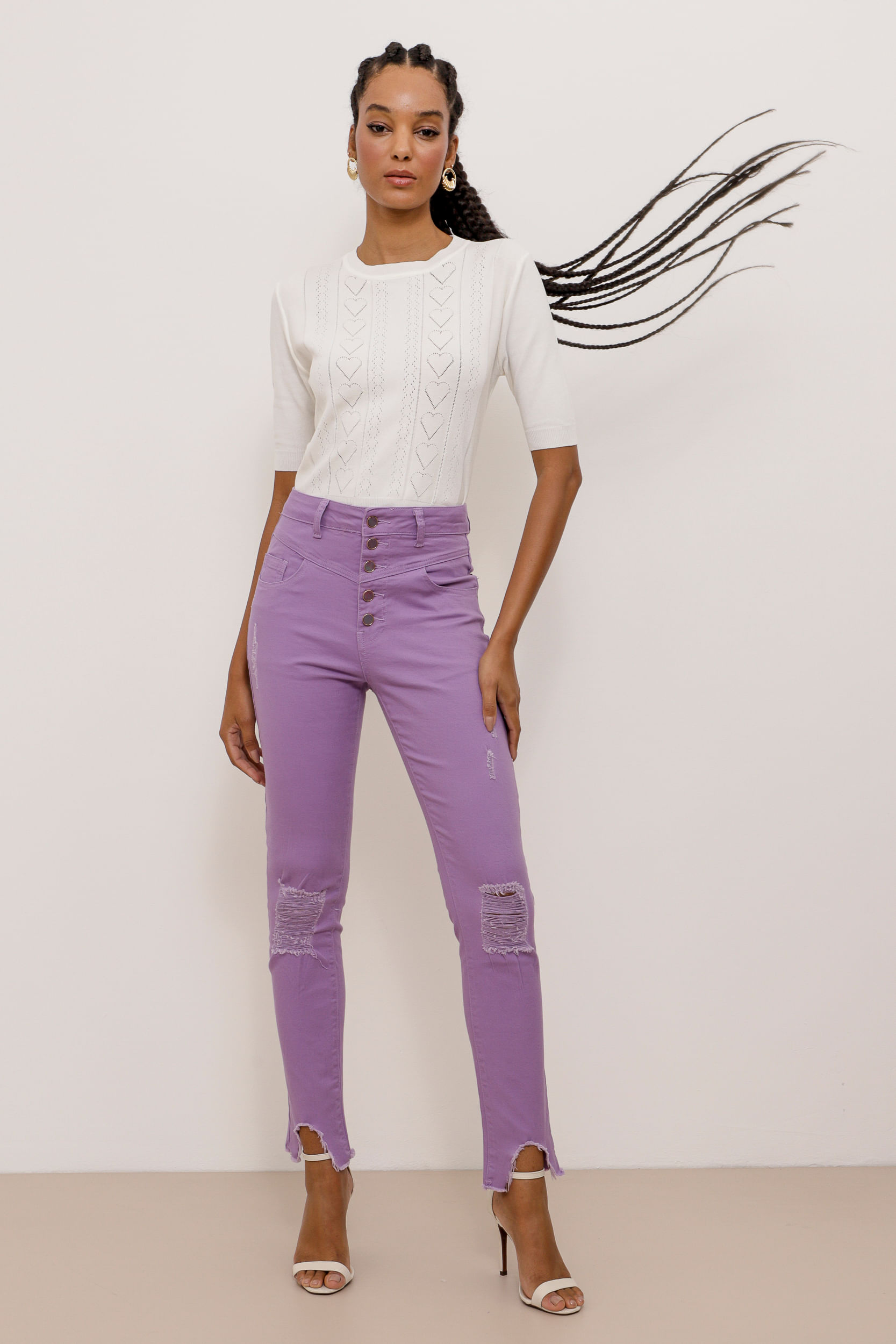 9033772 - Calça Skinny Sarja Puídos Recortes  LILAS