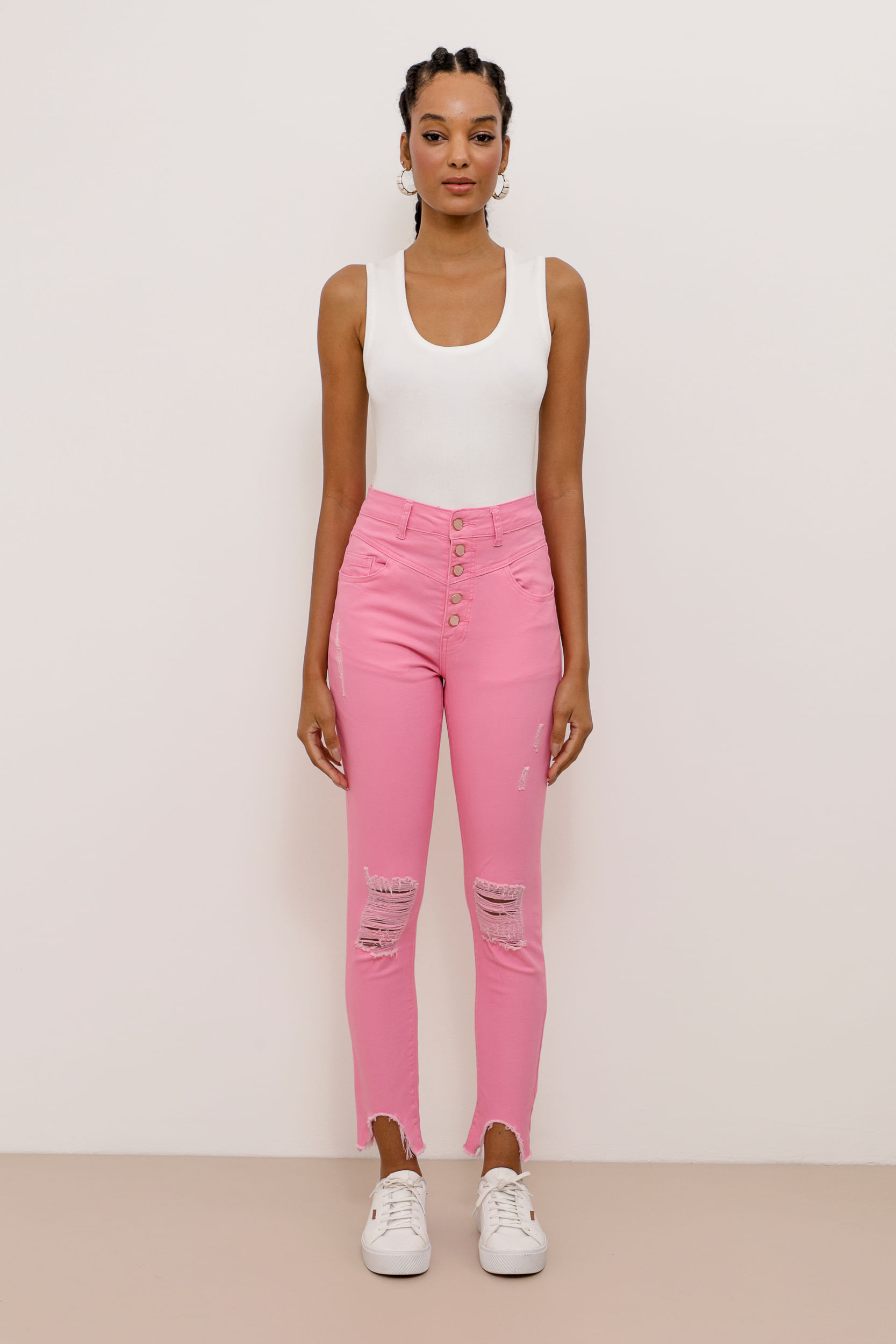 9033772 - Calça Skinny Sarja Puídos Recortes  ROSA