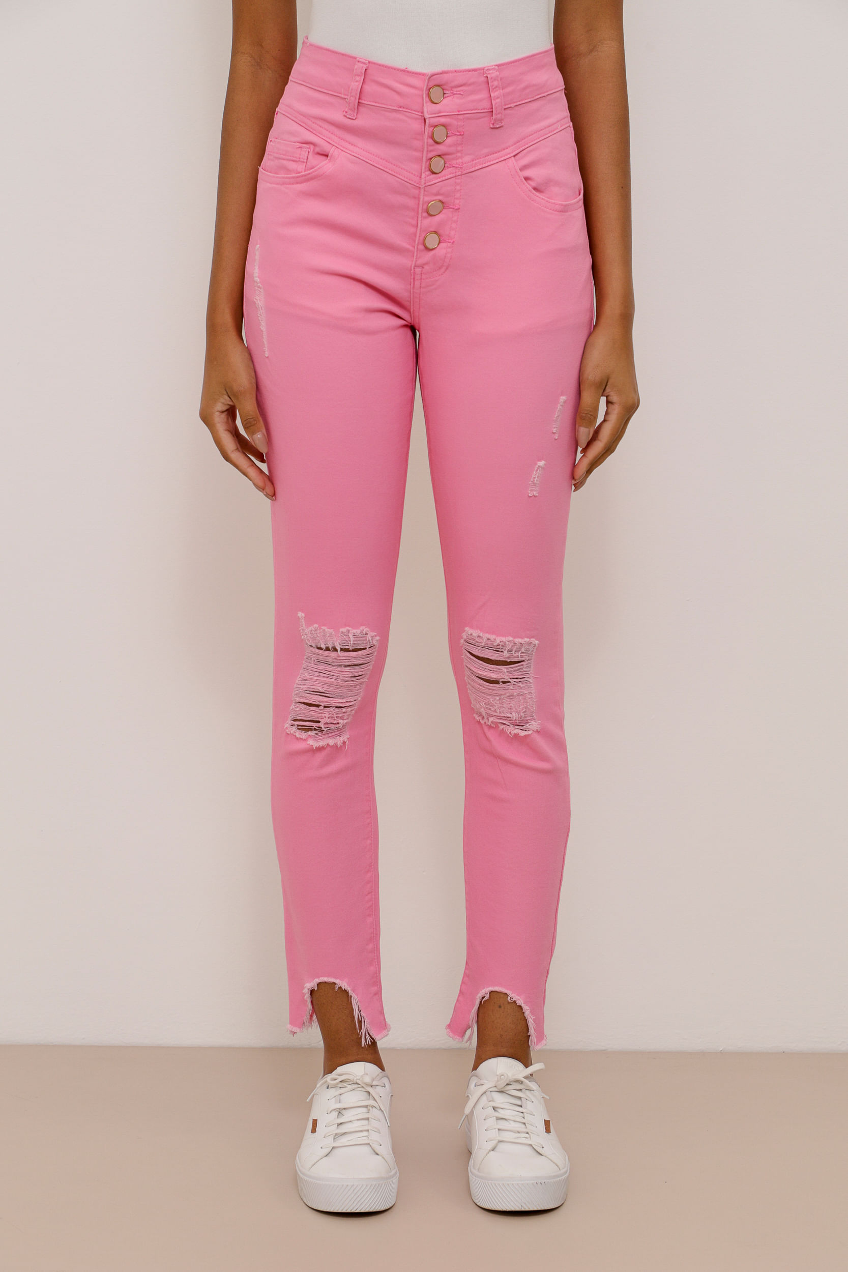 9033772 - Calça Skinny Sarja Puídos Recortes  ROSA