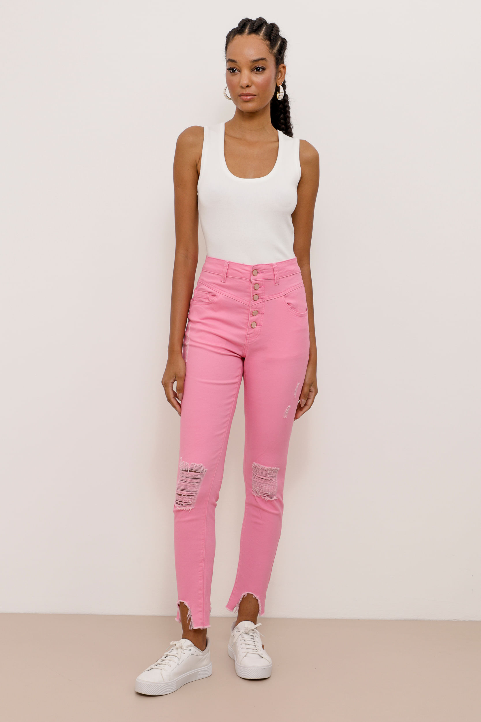 9033772 - Calça Skinny Sarja Puídos Recortes  ROSA