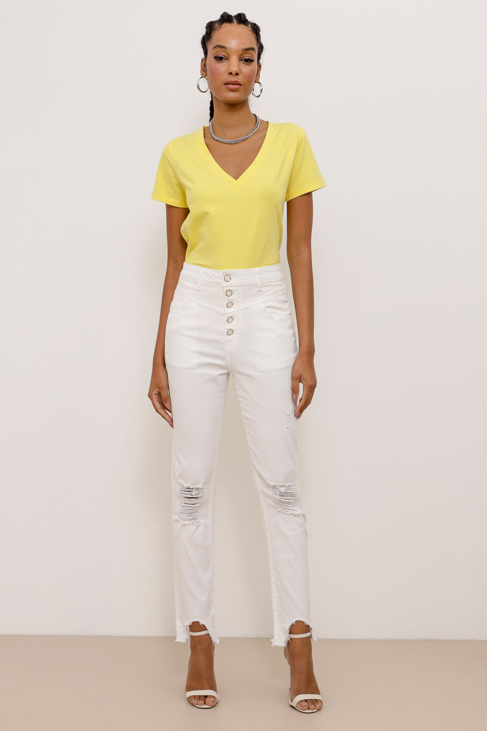 9033772 - Calça Skinny Sarja Puídos Recortes  OFF-WHITE