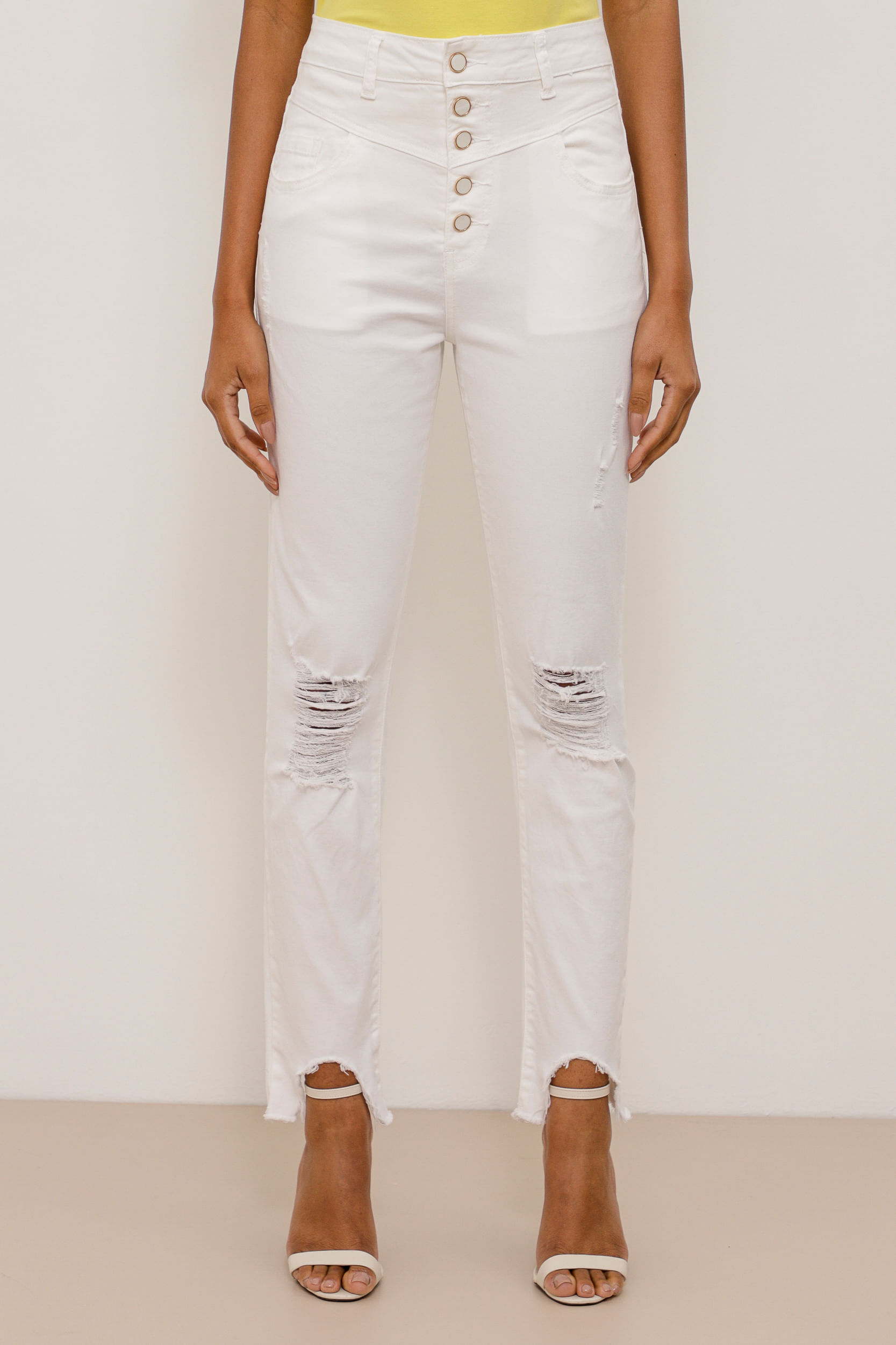 9033772 - Calça Skinny Sarja Puídos Recortes  OFF-WHITE