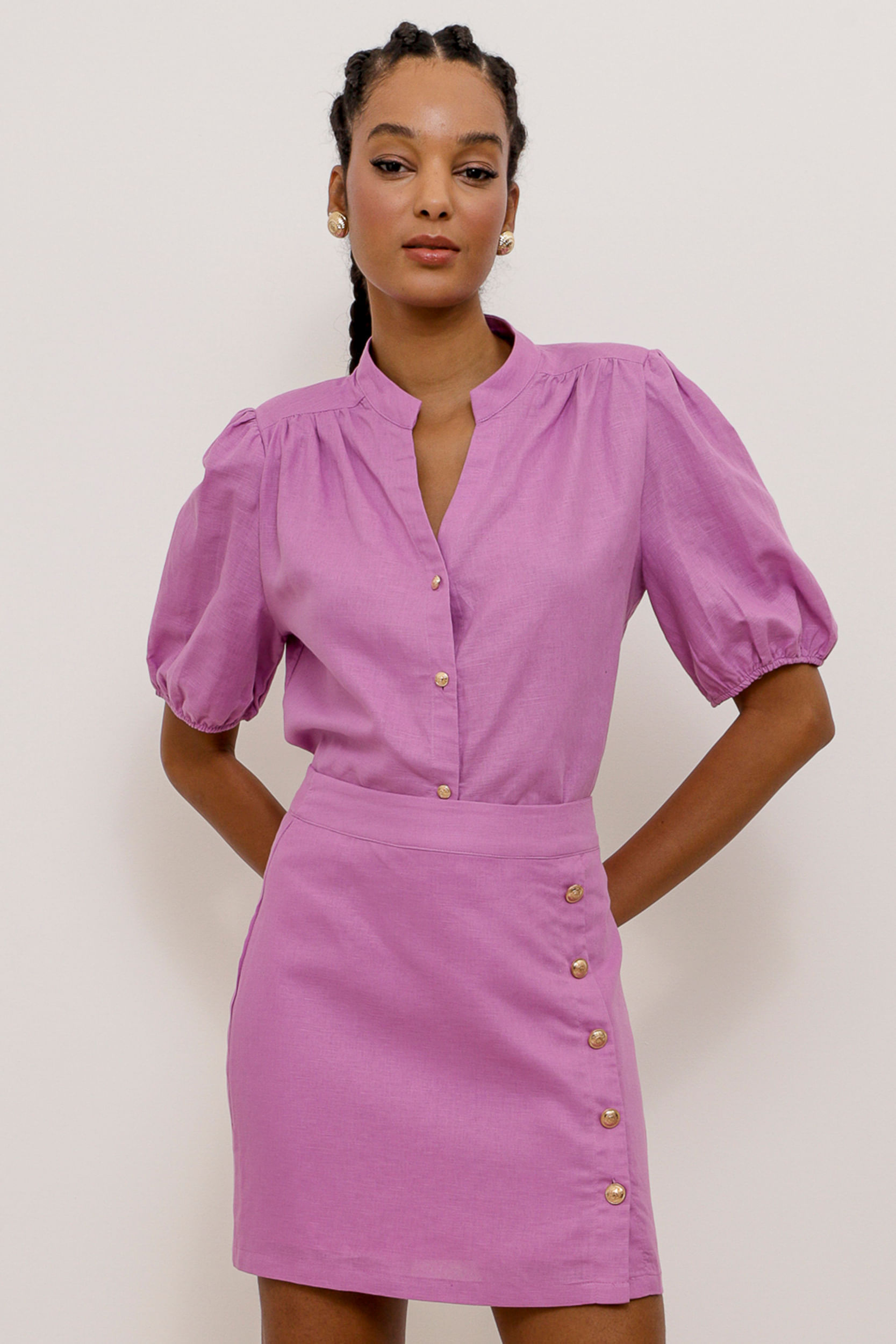 Camisa Linho Manga Curta Com Ombreira  LILAS