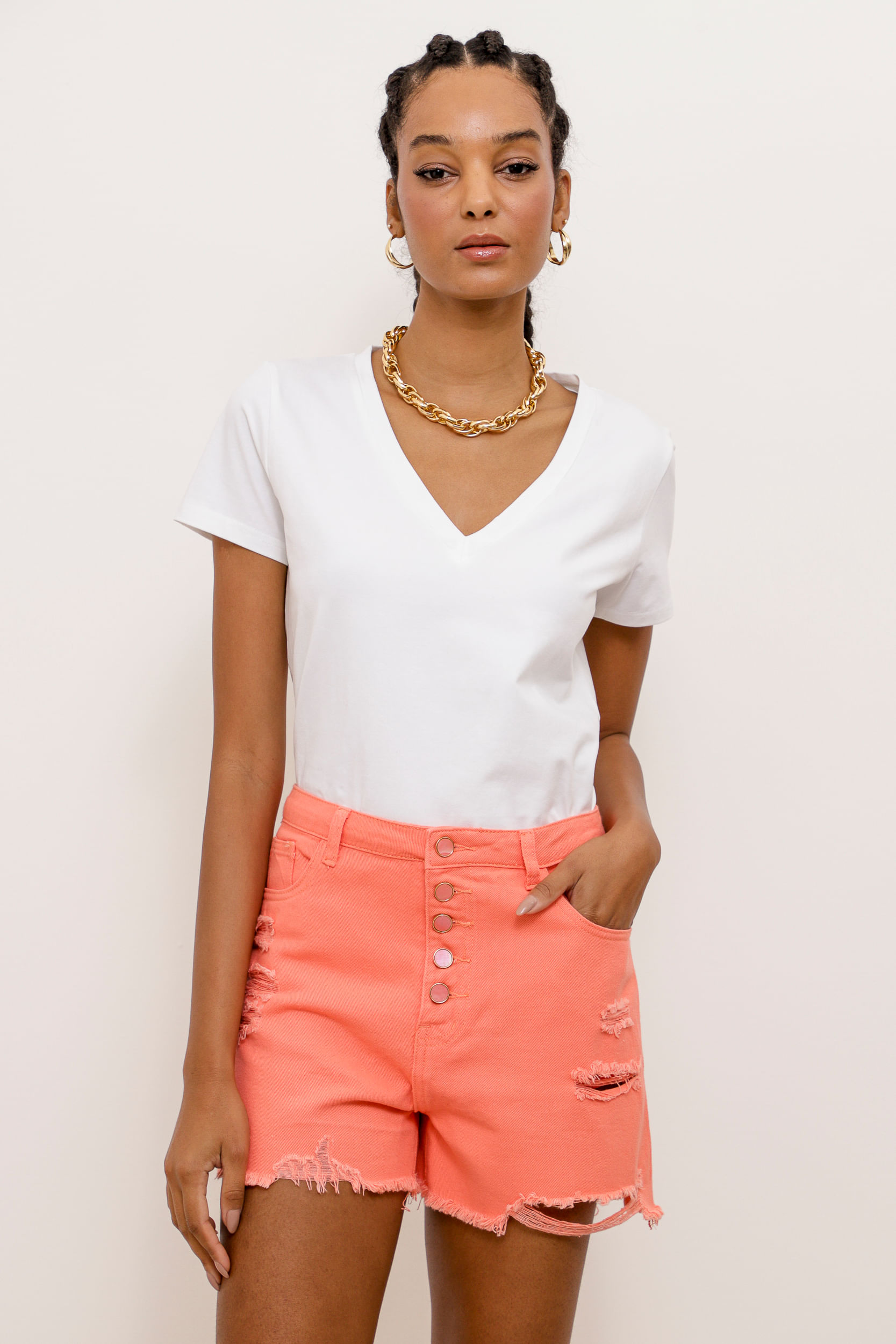 9033778 - Short Sarja Color Botões  LARANJA